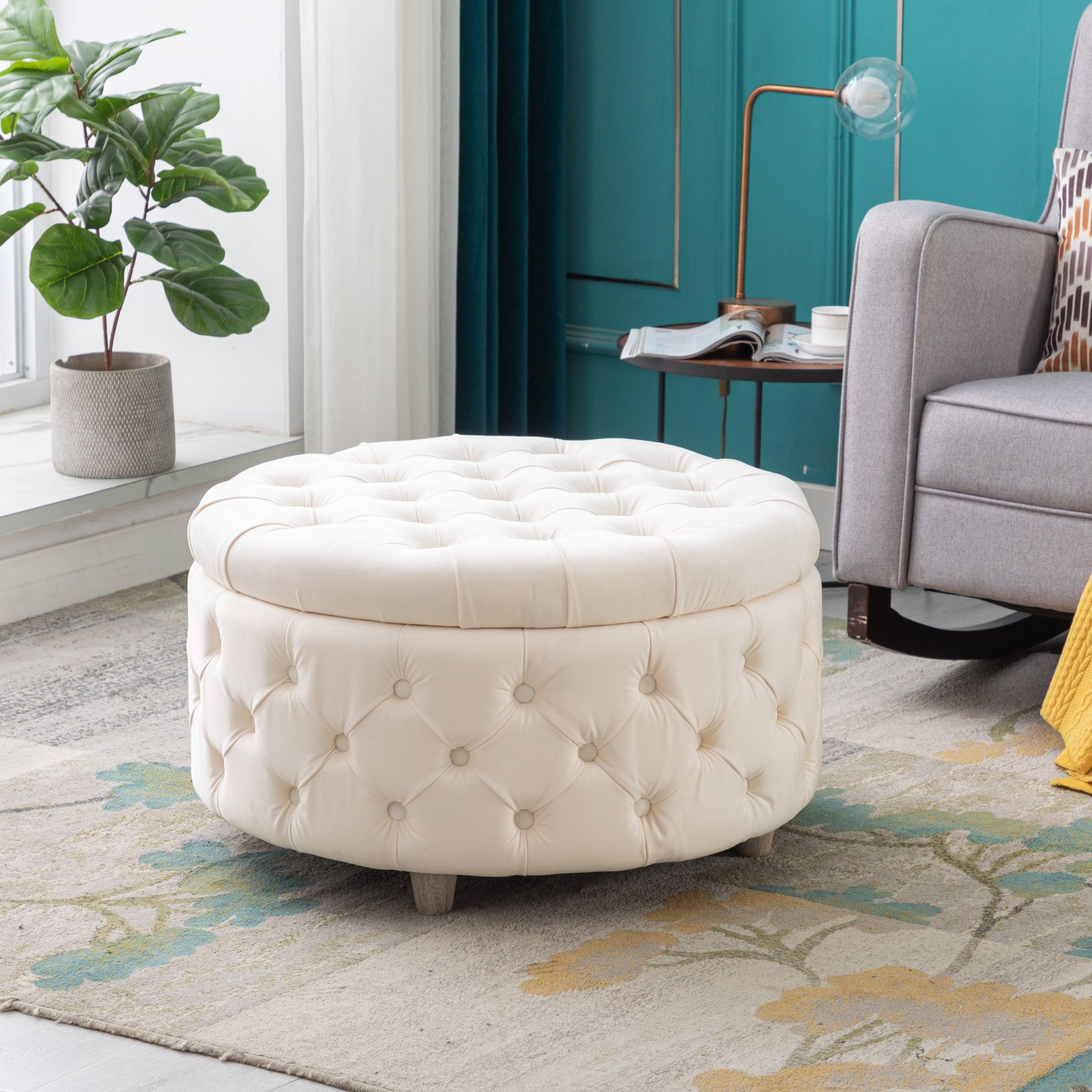 Velvet Cream Round Ottoman with on sale Storage 20