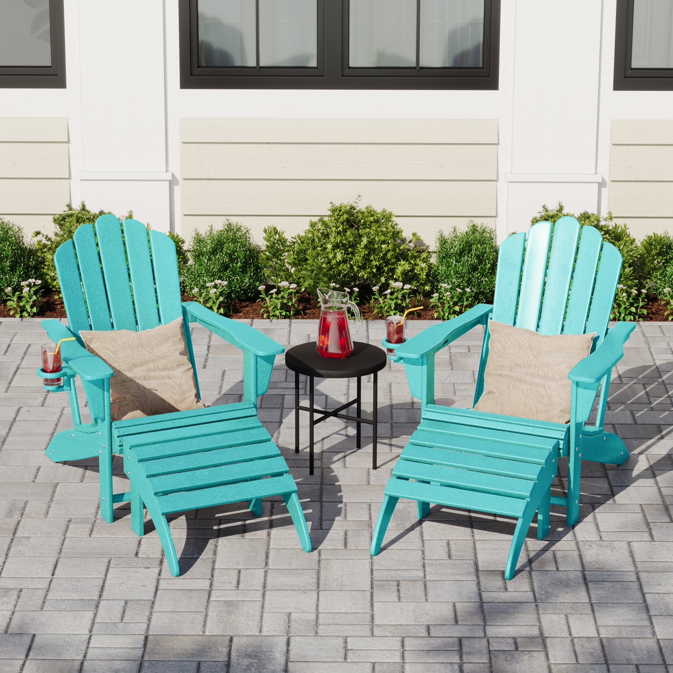 Lakeview 4-Piece Outdoor Patio HDPE Adirondack Chairs With Ottomans and Cup Holder Set