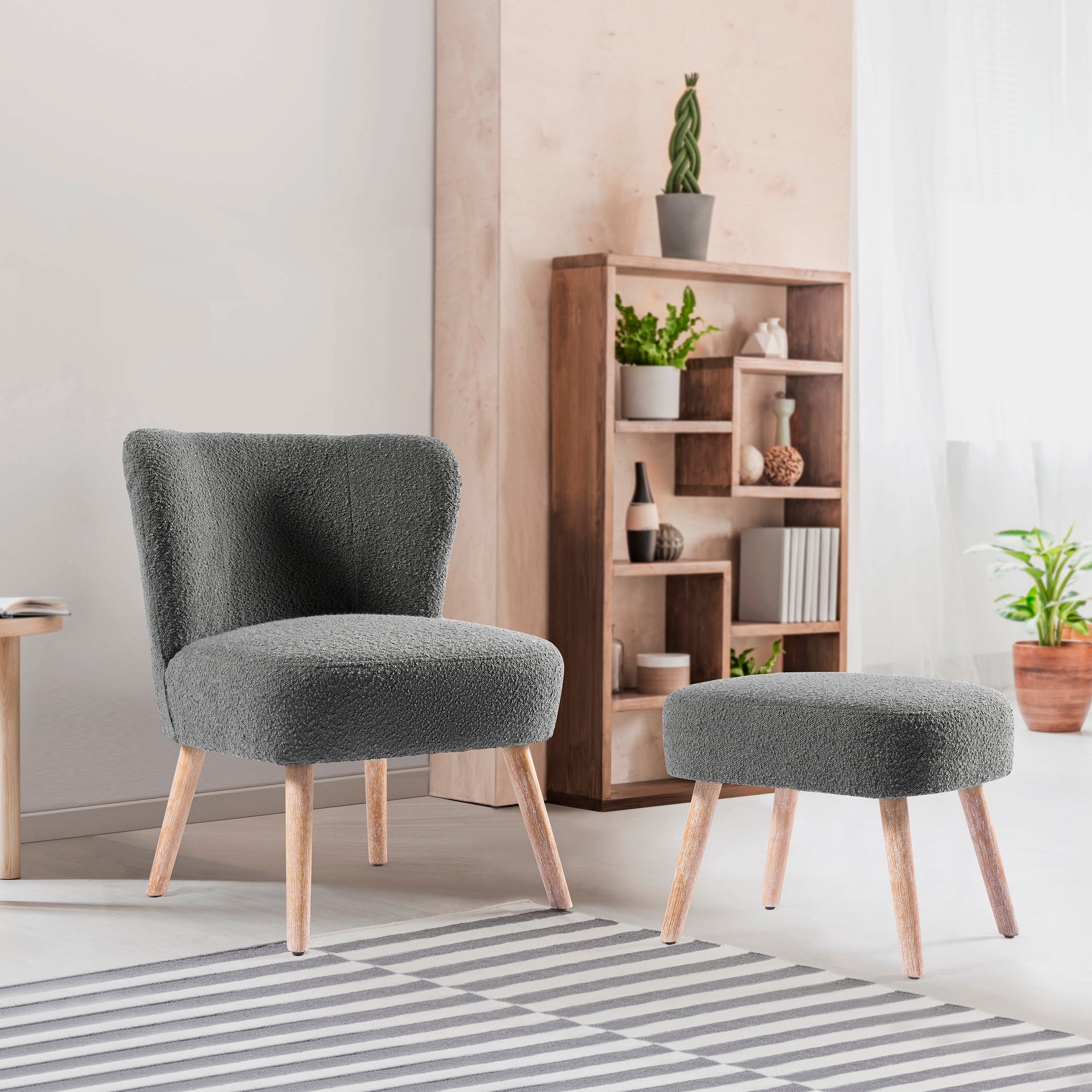 Amélie Mid-Century Boucle Accent Chairs with Ottoman Foot Rest Set