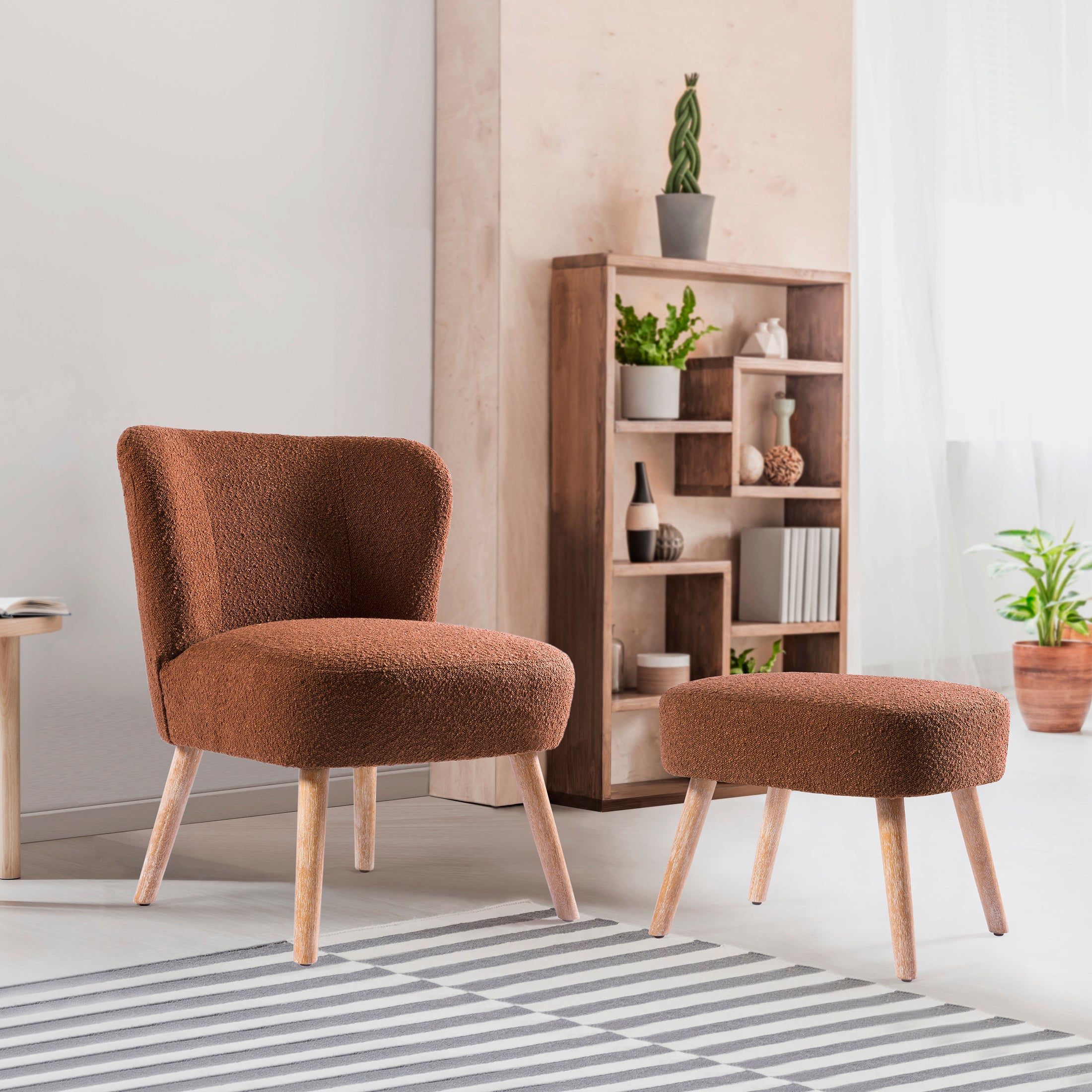 Amélie Mid-Century Boucle Accent Chairs with Ottoman Foot Rest Set