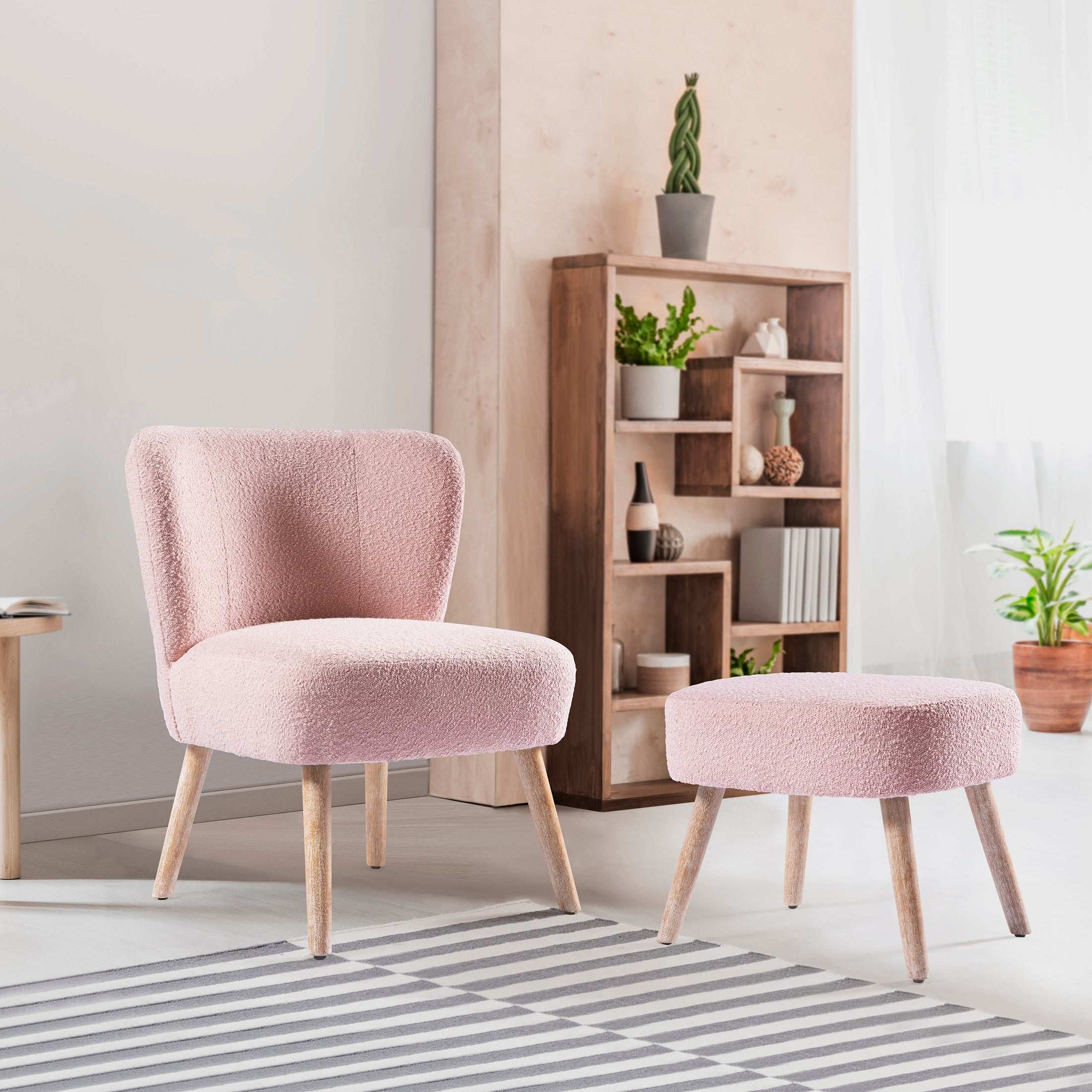 Amélie Mid-Century Boucle Accent Chairs with Ottoman Foot Rest Set