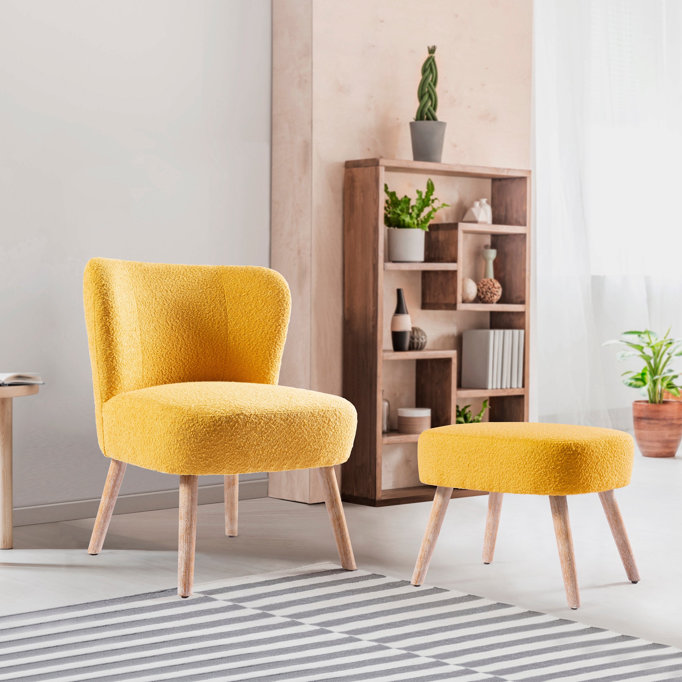 Amélie Mid-Century Boucle Accent Chairs with Ottoman Foot Rest Set