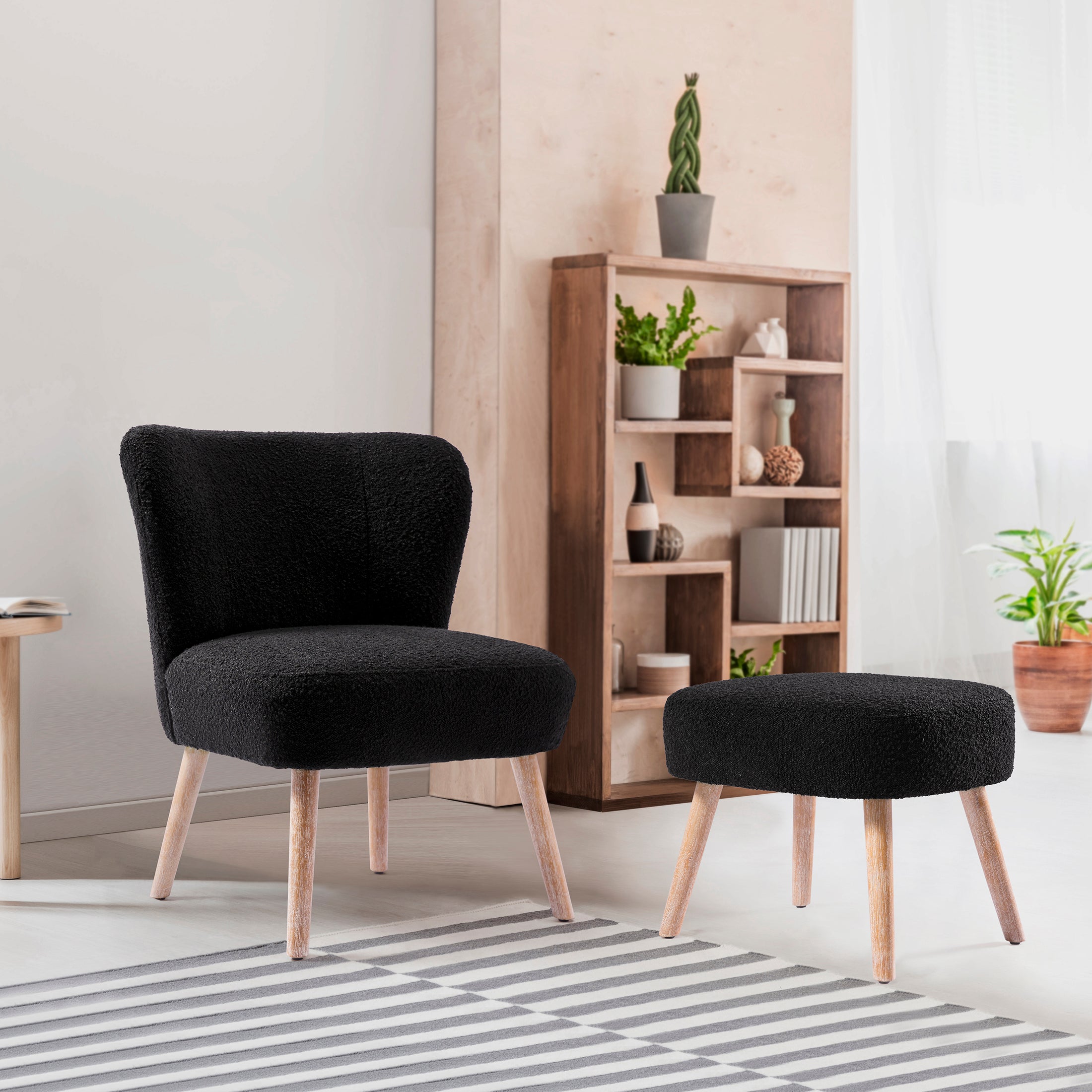 Amélie Mid-Century Boucle Accent Chairs with Ottoman Foot Rest Set