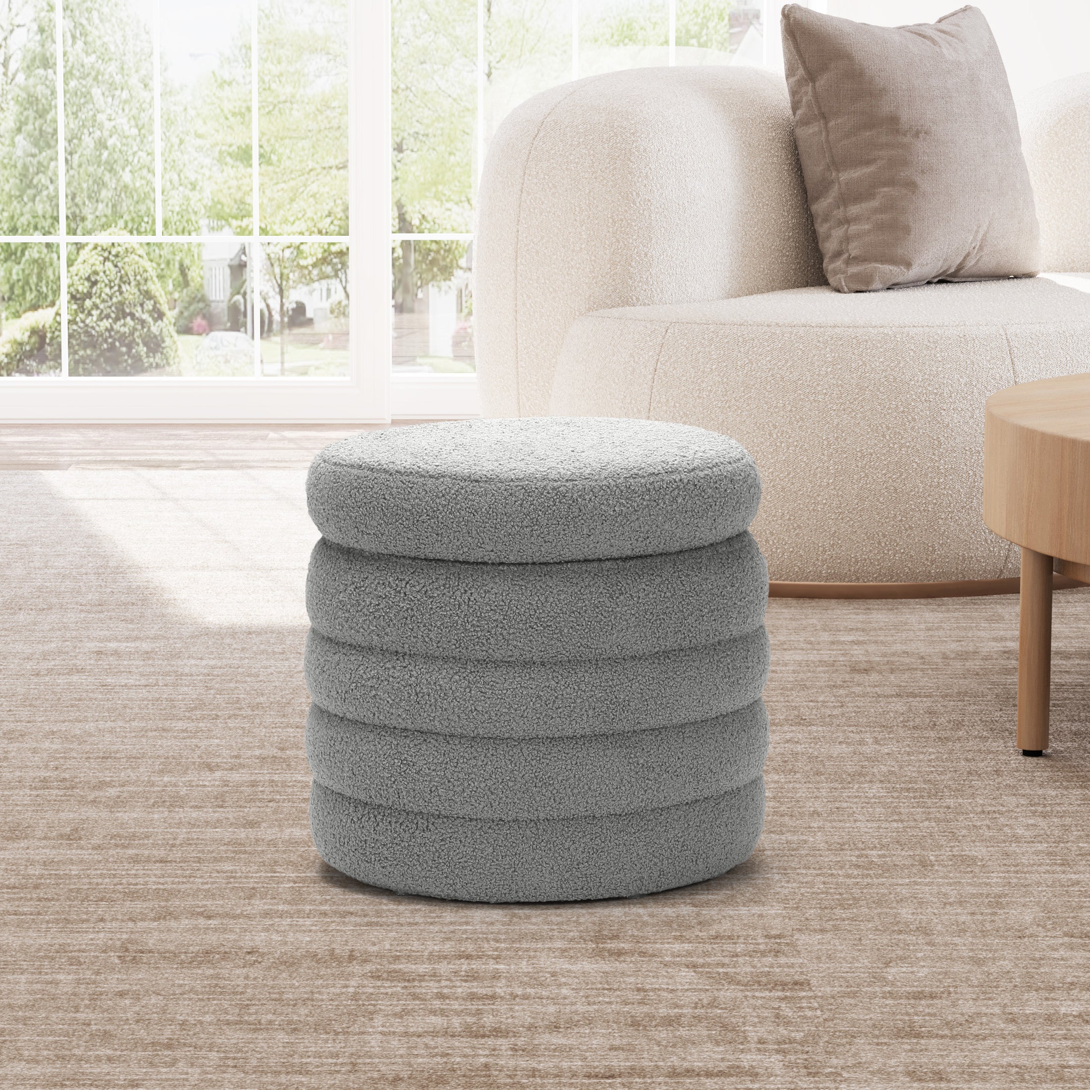 Celine Mid-Century Modern Faux Sherpa Round Ottoman With Storage