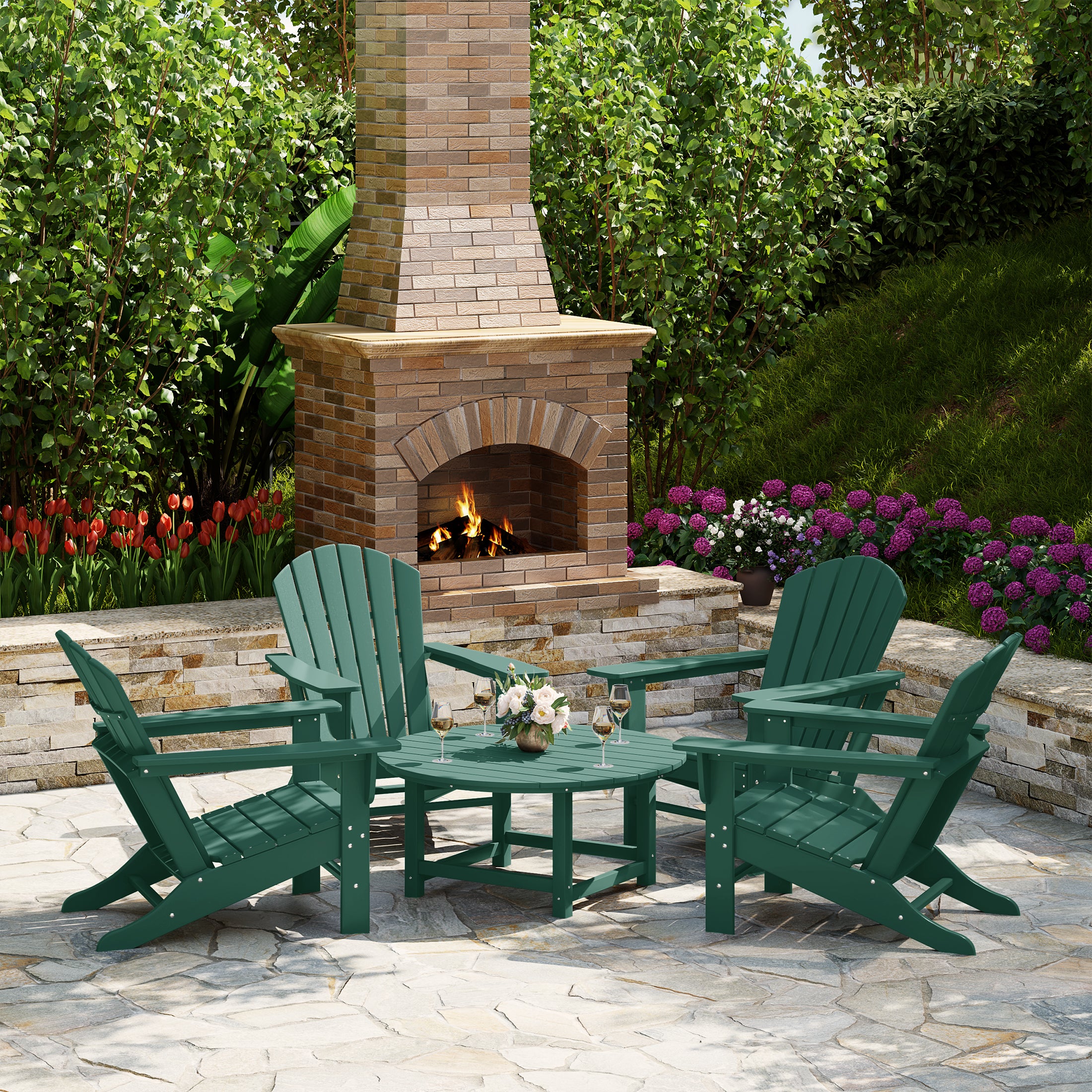 Portside 5-Piece Outdoor Patio HDPE Adirondack Chair With Round Coffee Table Conversation Set