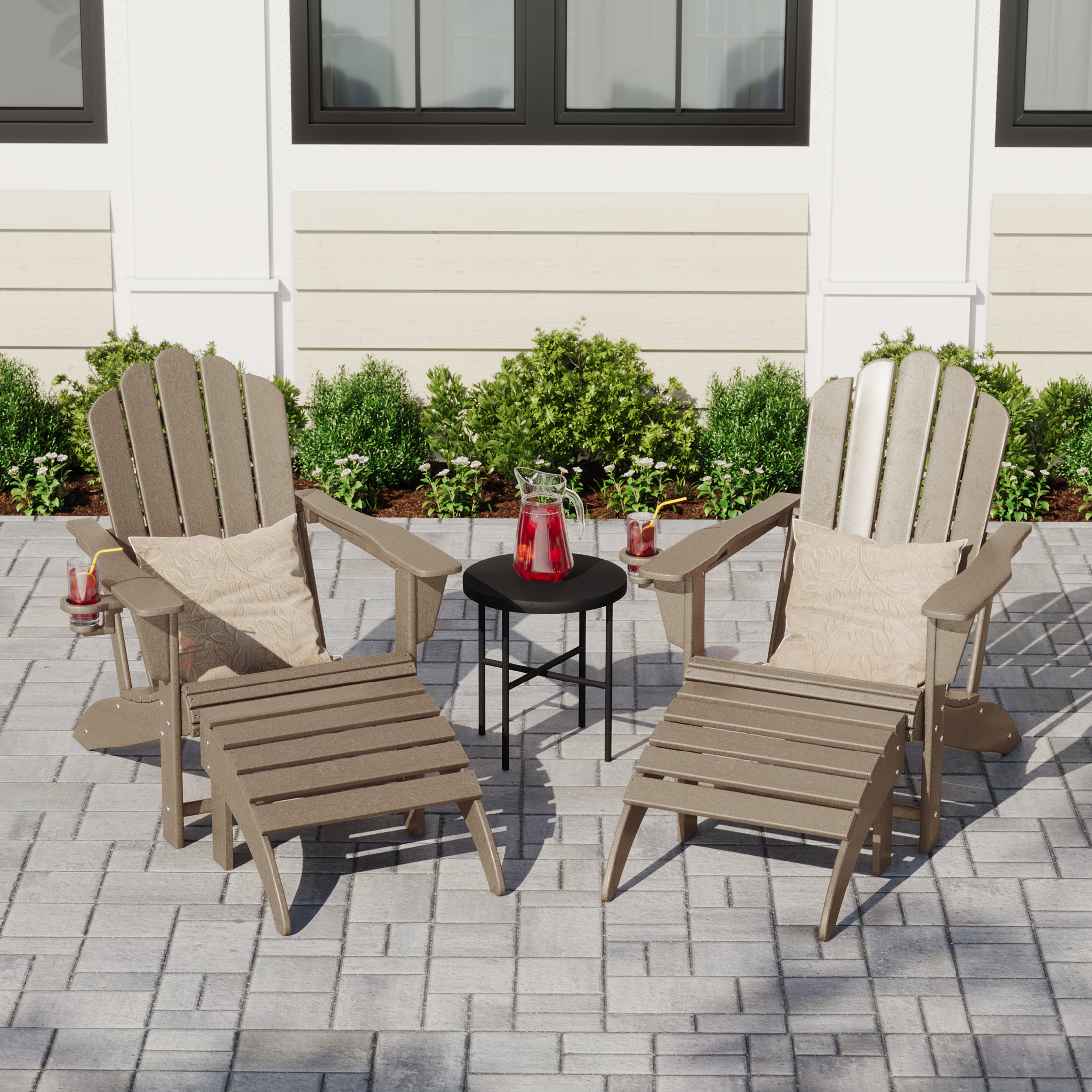 Lakeview 4-Piece Outdoor Patio HDPE Adirondack Chairs With Ottomans and Cup Holder Set