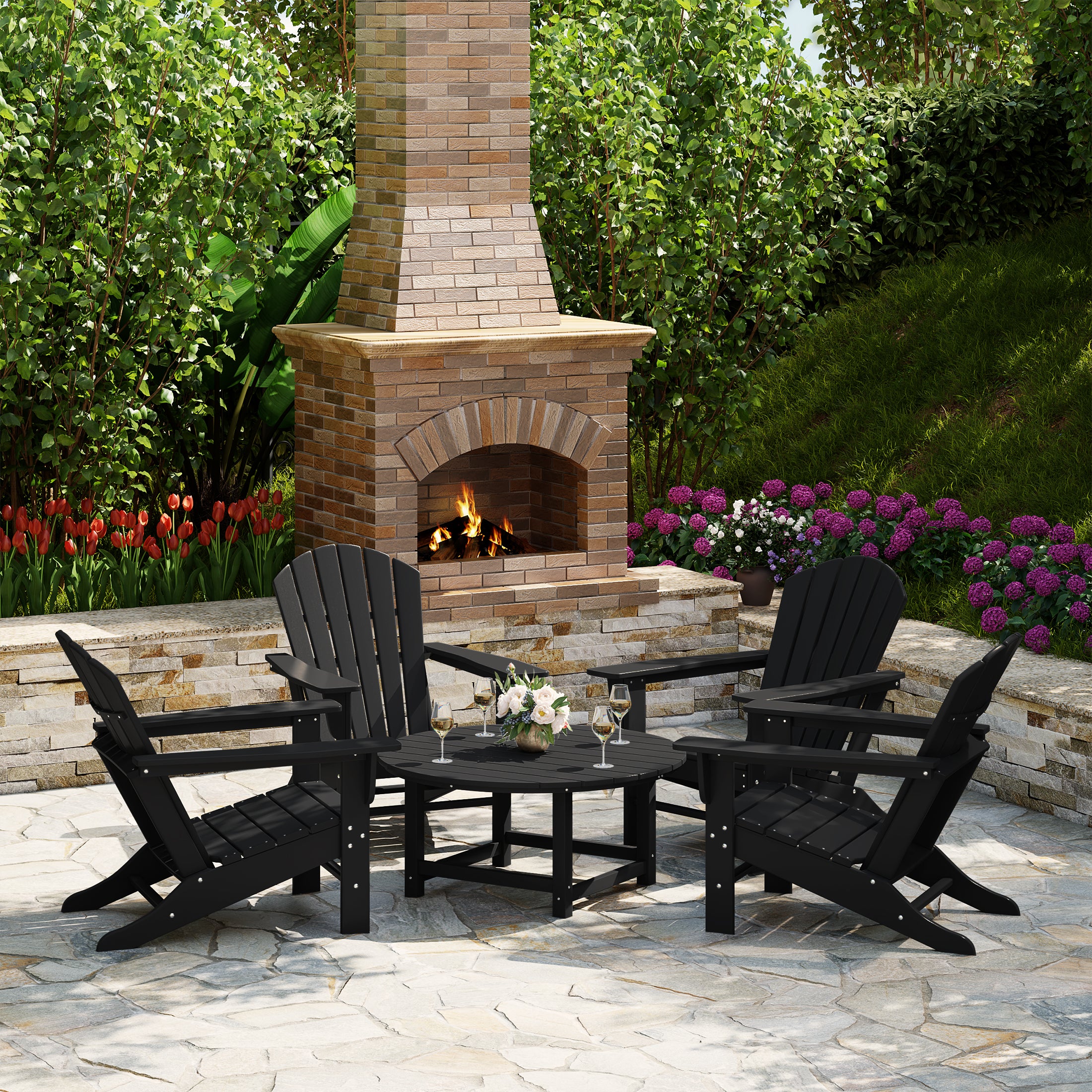 Portside 5-Piece Outdoor Patio HDPE Adirondack Chair With Round Coffee Table Conversation Set