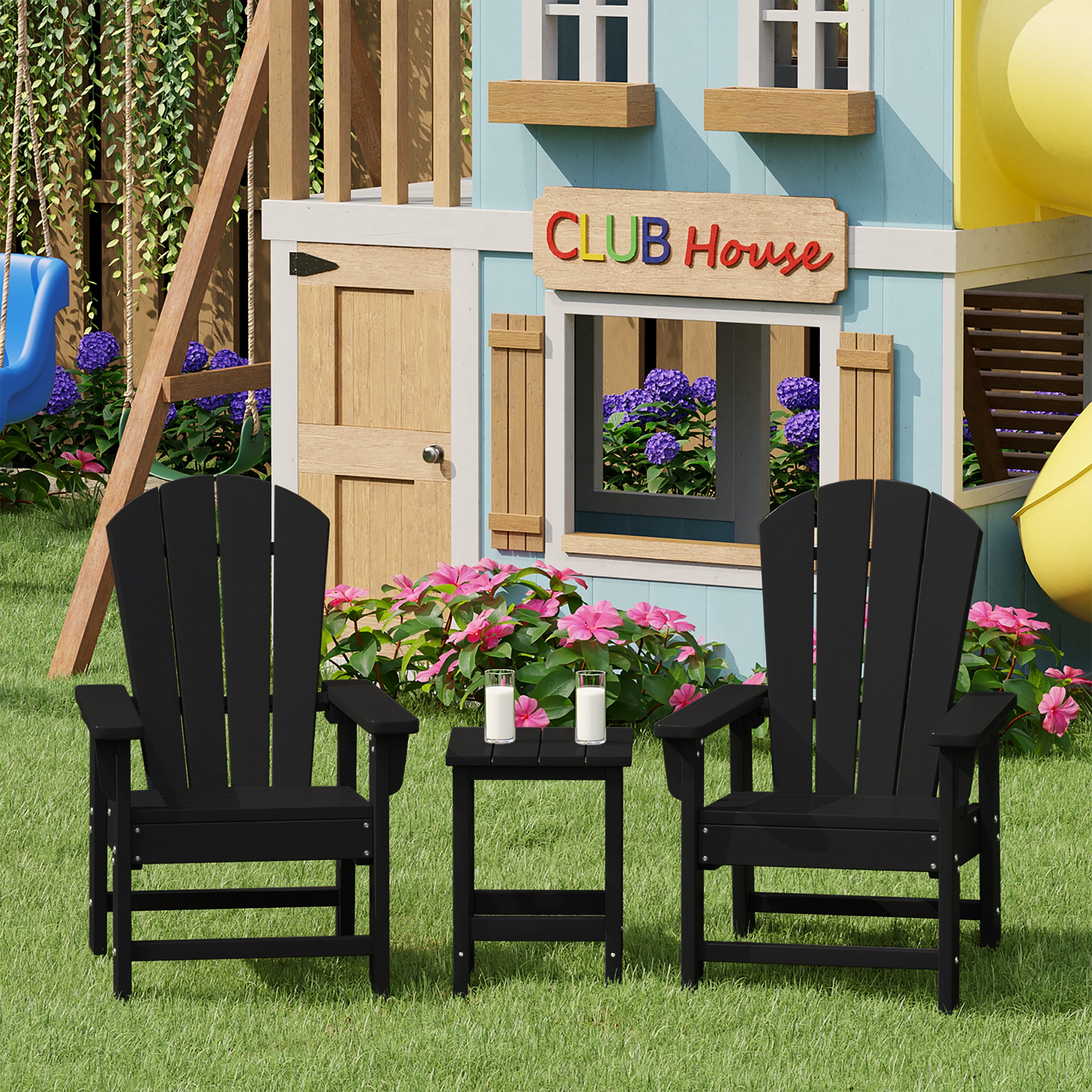 Paradise Kids 3-Piece Outdoor HDPE Adirondack Chairs With Square Side Table Set