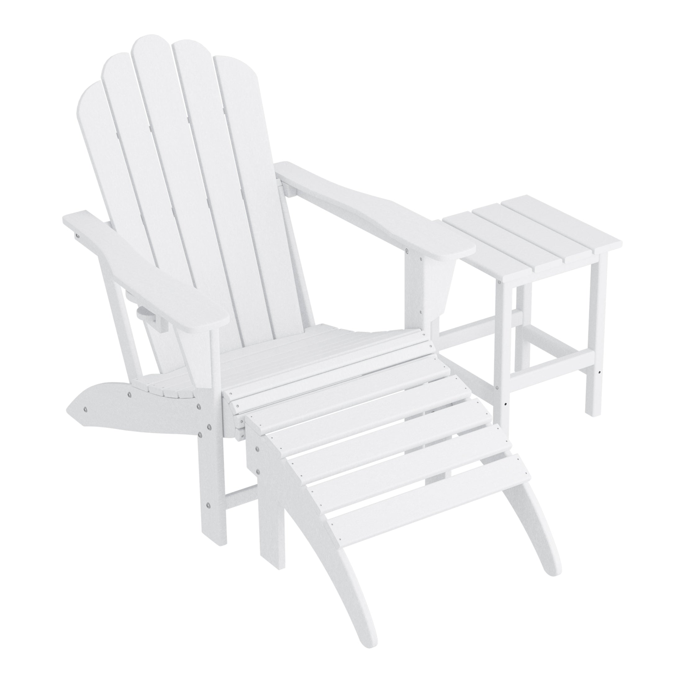 Lakeview 3-Piece Adirondack Chair with Cup Holder and Folding Ottoman and Table Set