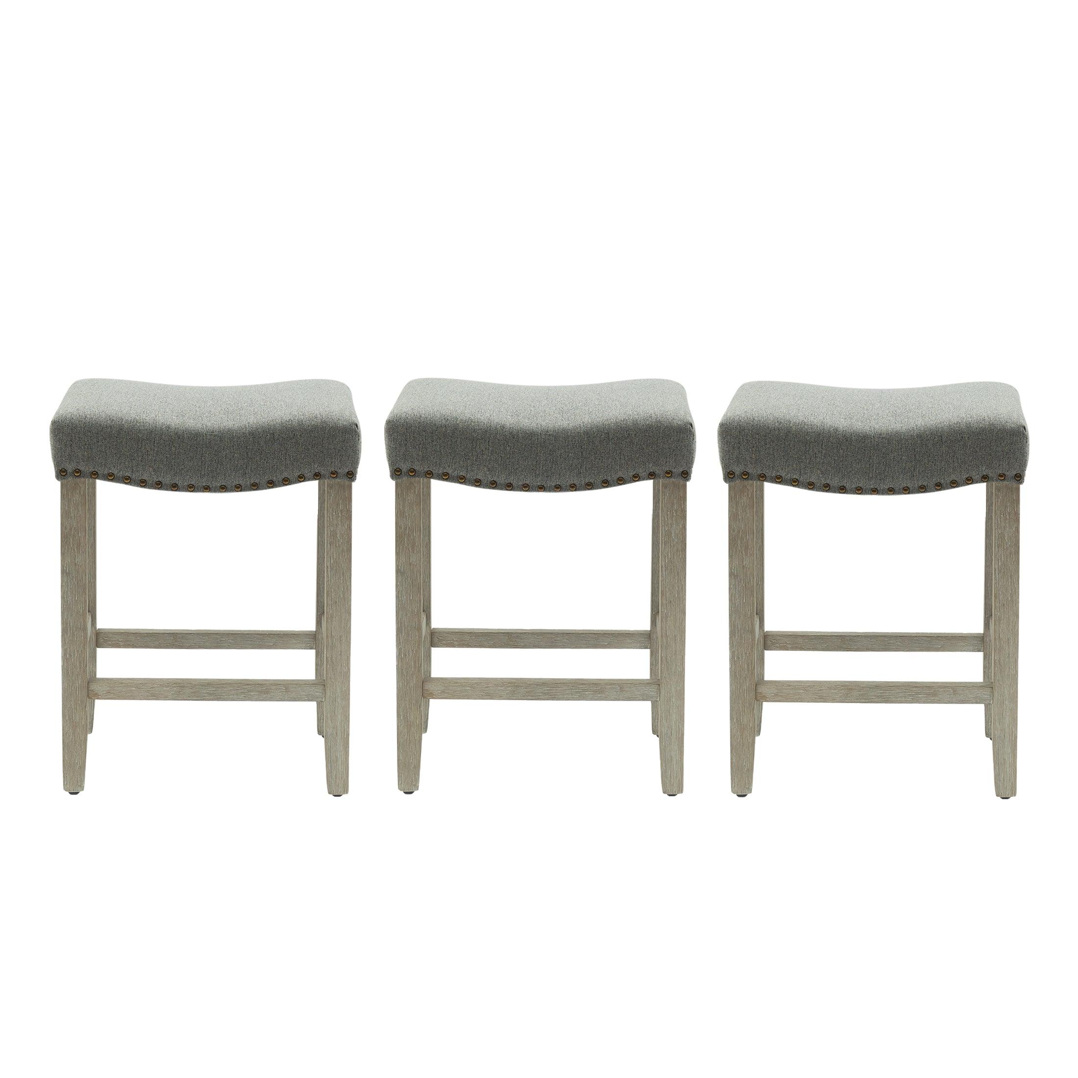 Bulmon 24" Upholstered Antique Gray Counter Stools With Nail Head Trim (Set of 3) - Costaelm