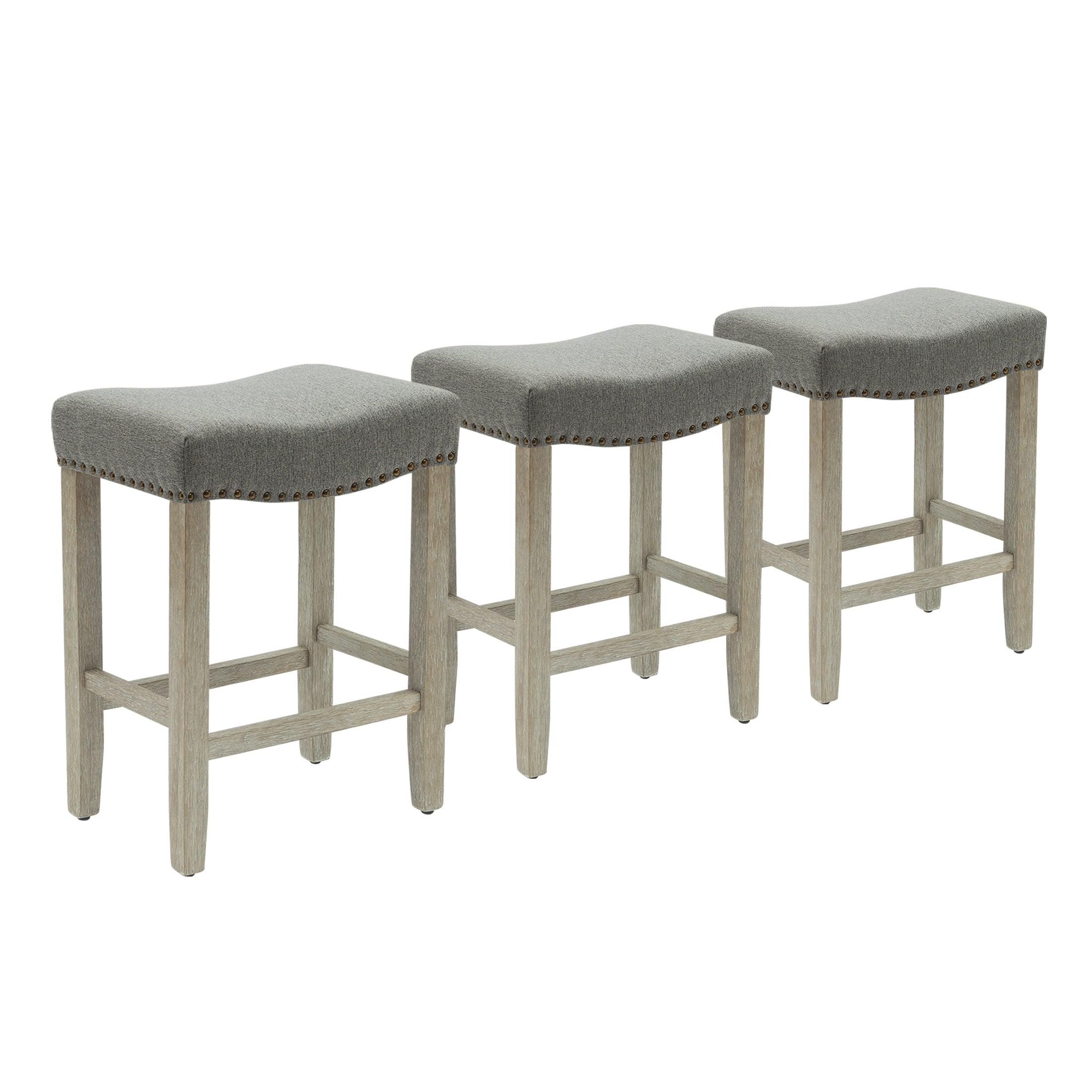 Bulmon 24" Upholstered Antique Gray Counter Stools With Nail Head Trim (Set of 3) - Costaelm