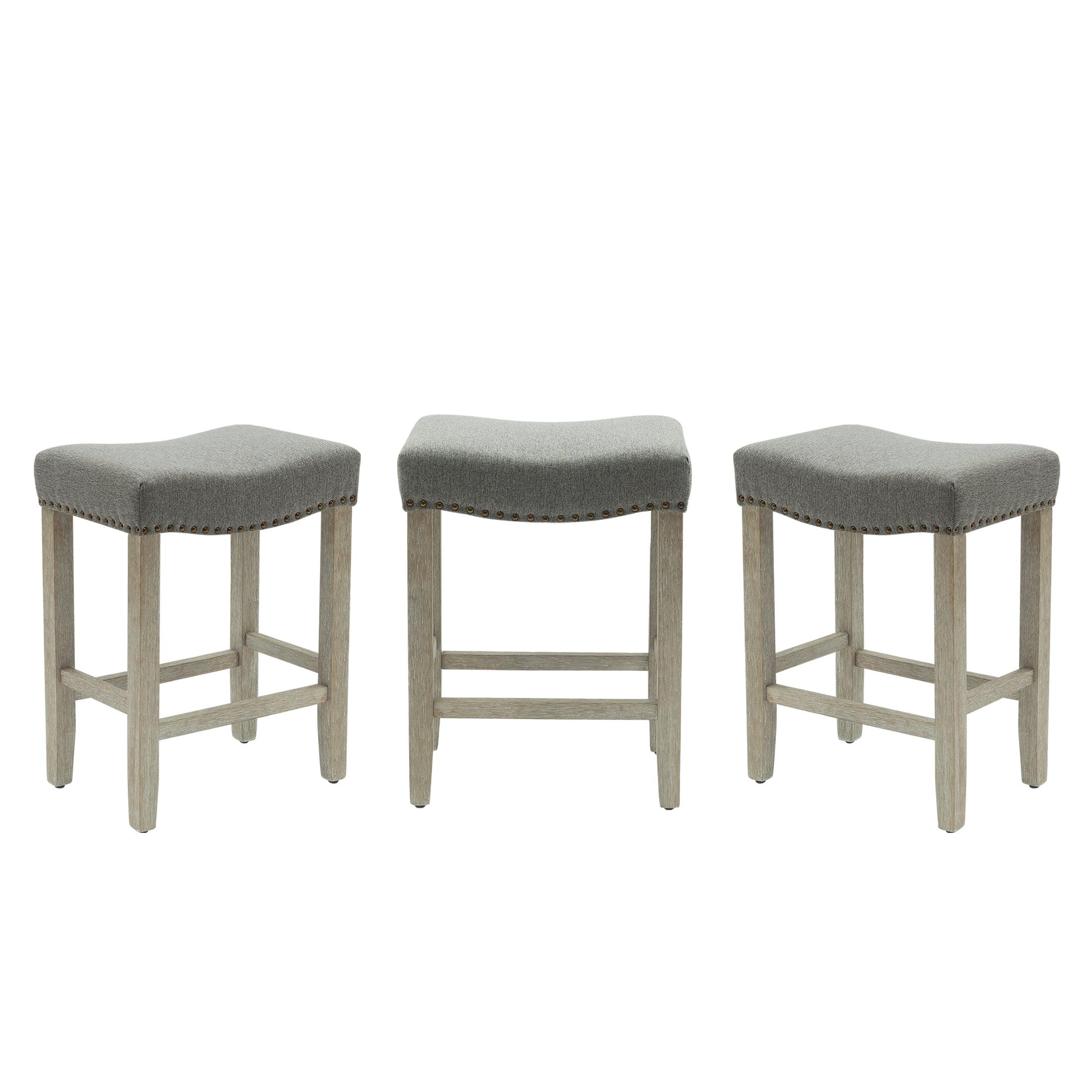 Bulmon 24" Upholstered Antique Gray Counter Stools With Nail Head Trim (Set of 3) - Costaelm