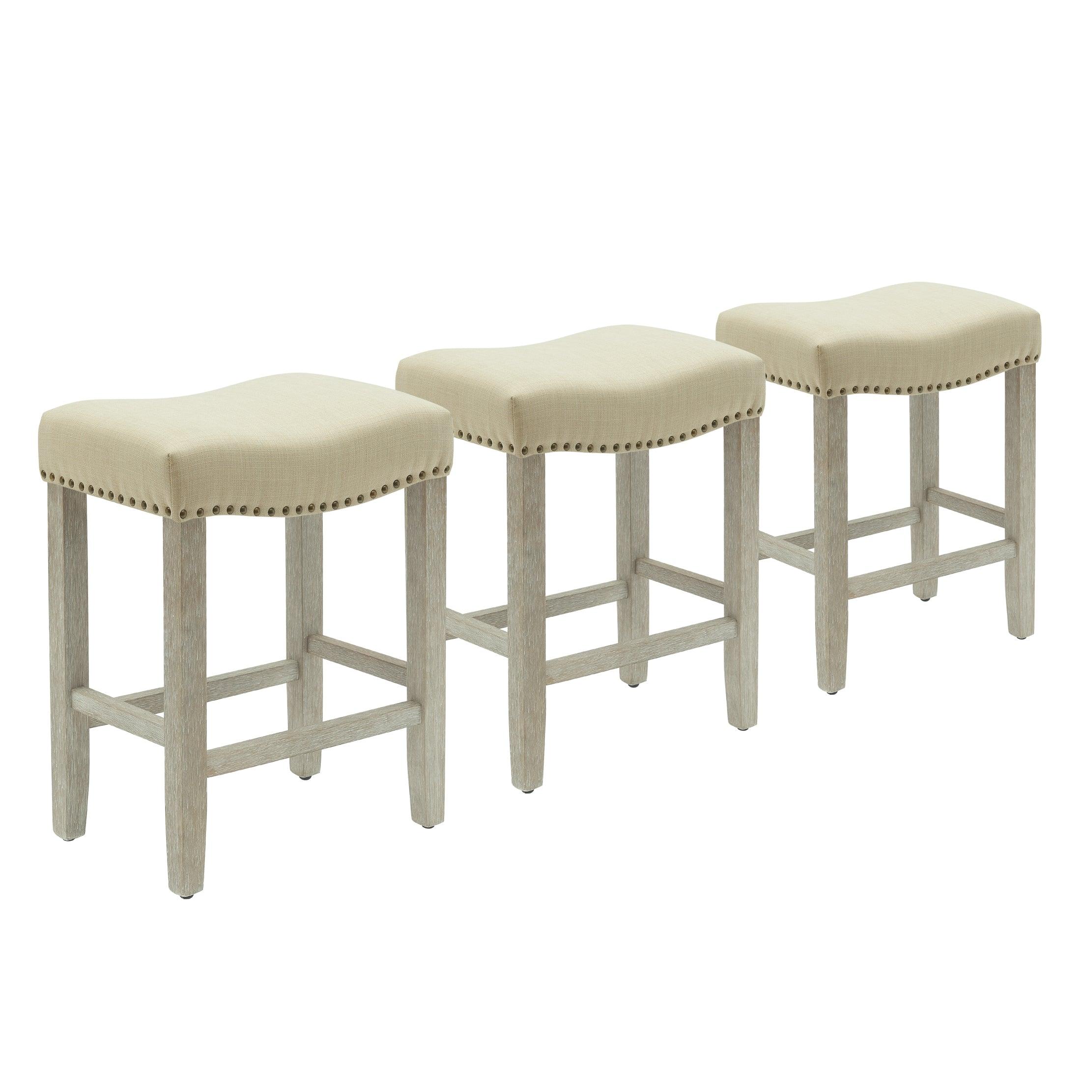 Bulmon 24" Upholstered Antique Gray Counter Stools With Nail Head Trim (Set of 3) - Costaelm