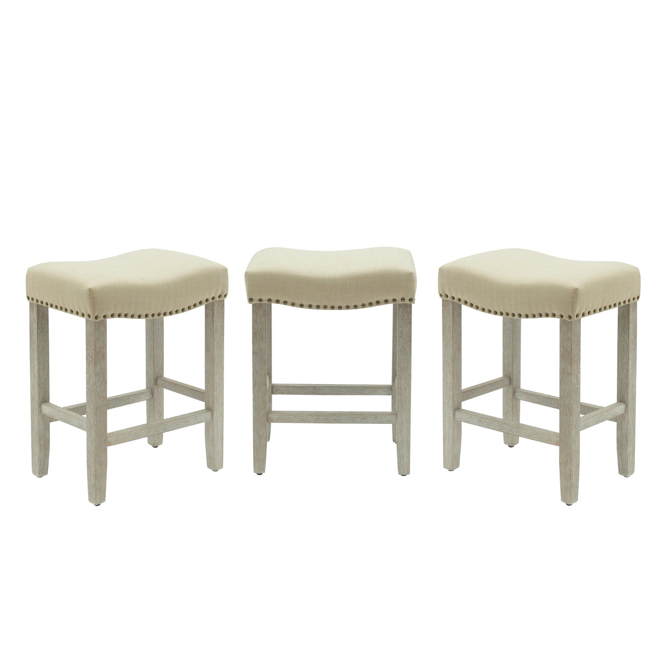 Bulmon 24" Upholstered Antique Gray Counter Stools With Nail Head Trim (Set of 3) - Costaelm