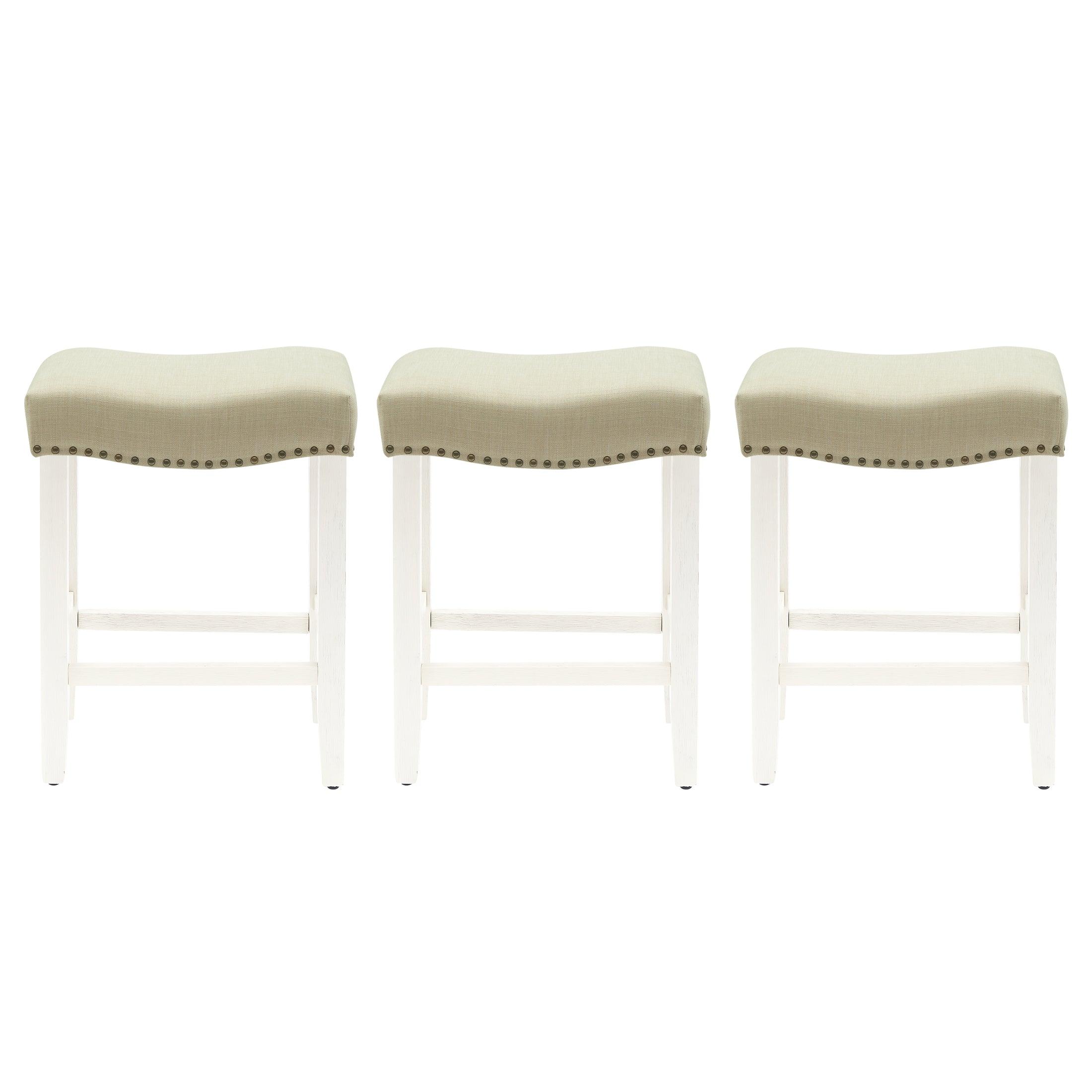 Bulmon 24" Upholstered Antique White Counter Stools With Nail Head Trim (Set of 3) - Costaelm