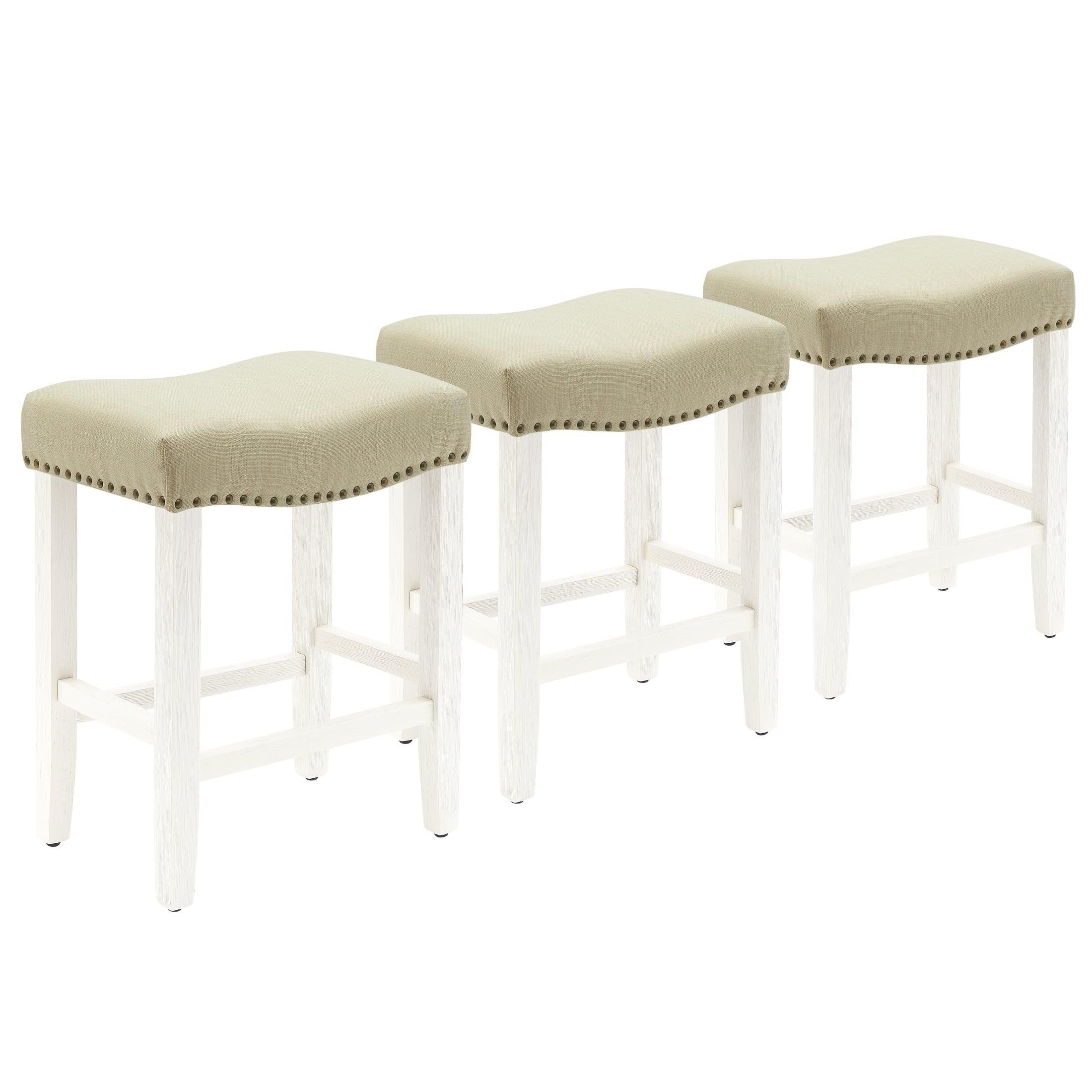 Bulmon 24" Upholstered Antique White Counter Stools With Nail Head Trim (Set of 3) - Costaelm