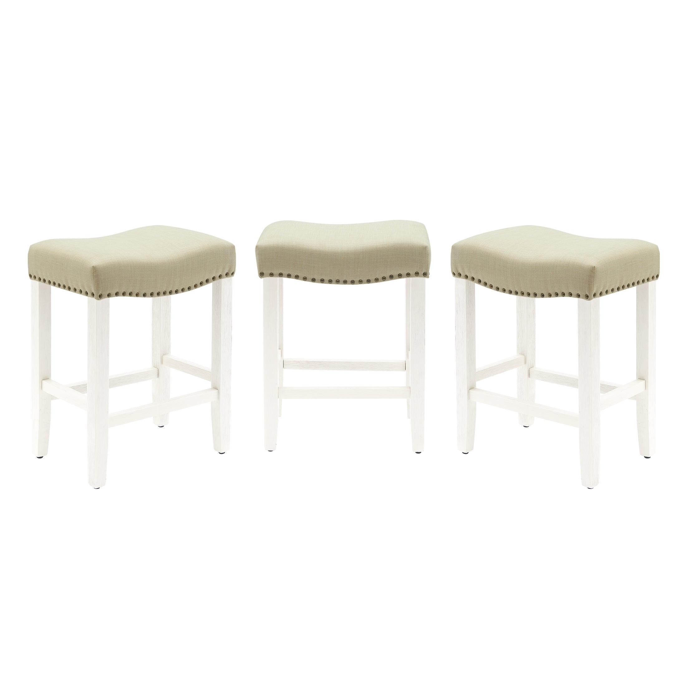 Bulmon 24" Upholstered Antique White Counter Stools With Nail Head Trim (Set of 3) - Costaelm