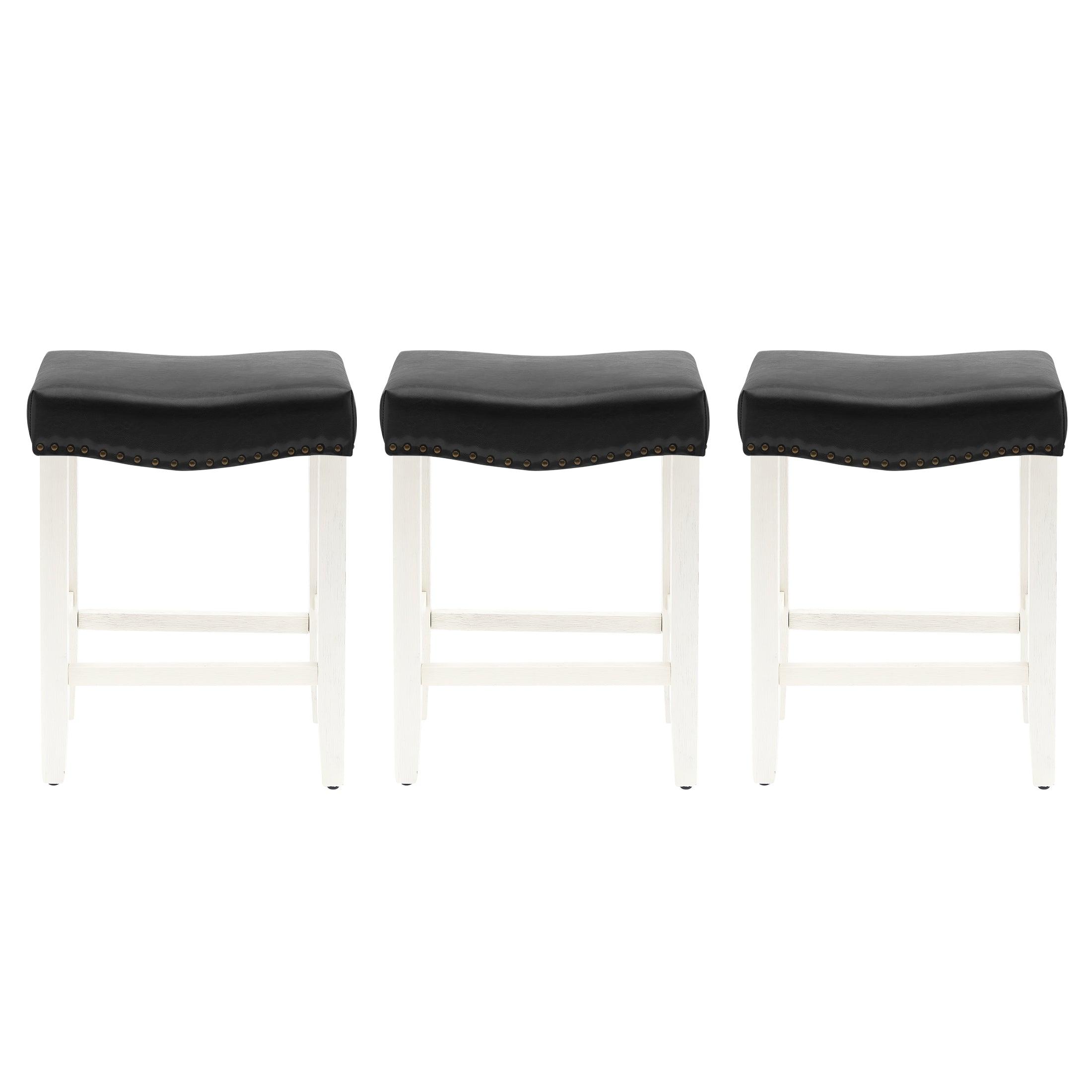 Bulmon 24" Upholstered Antique White Counter Stools With Nail Head Trim (Set of 3) - Costaelm