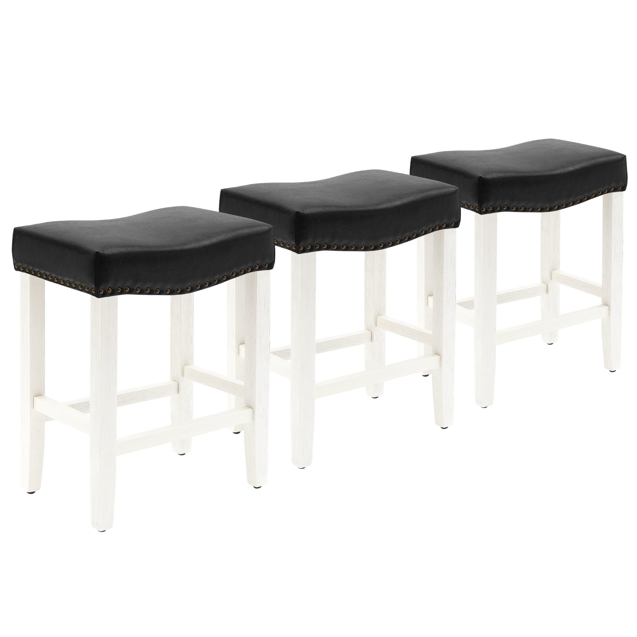 Bulmon 24" Upholstered Antique White Counter Stools With Nail Head Trim (Set of 3) - Costaelm