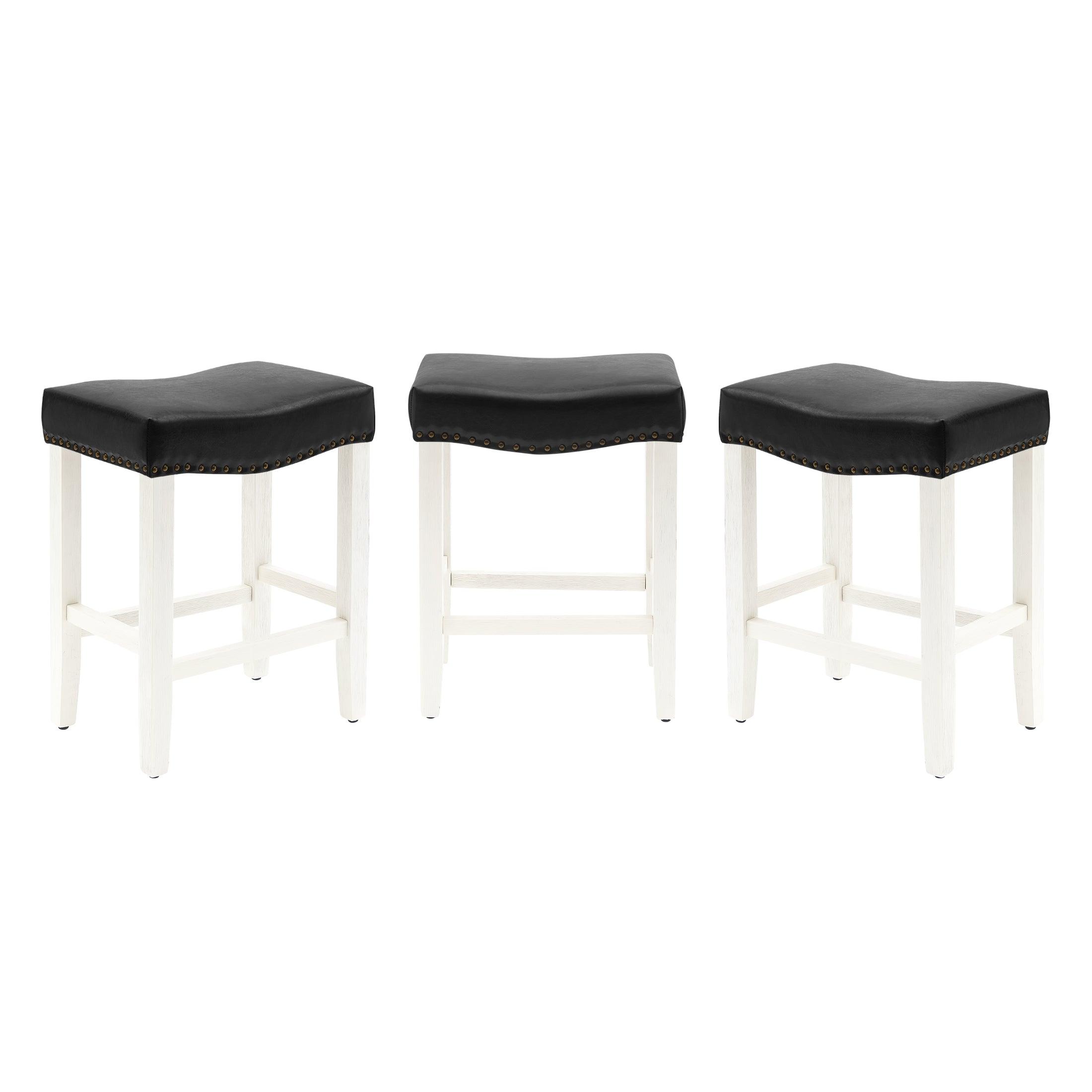 Bulmon 24" Upholstered Antique White Counter Stools With Nail Head Trim (Set of 3) - Costaelm