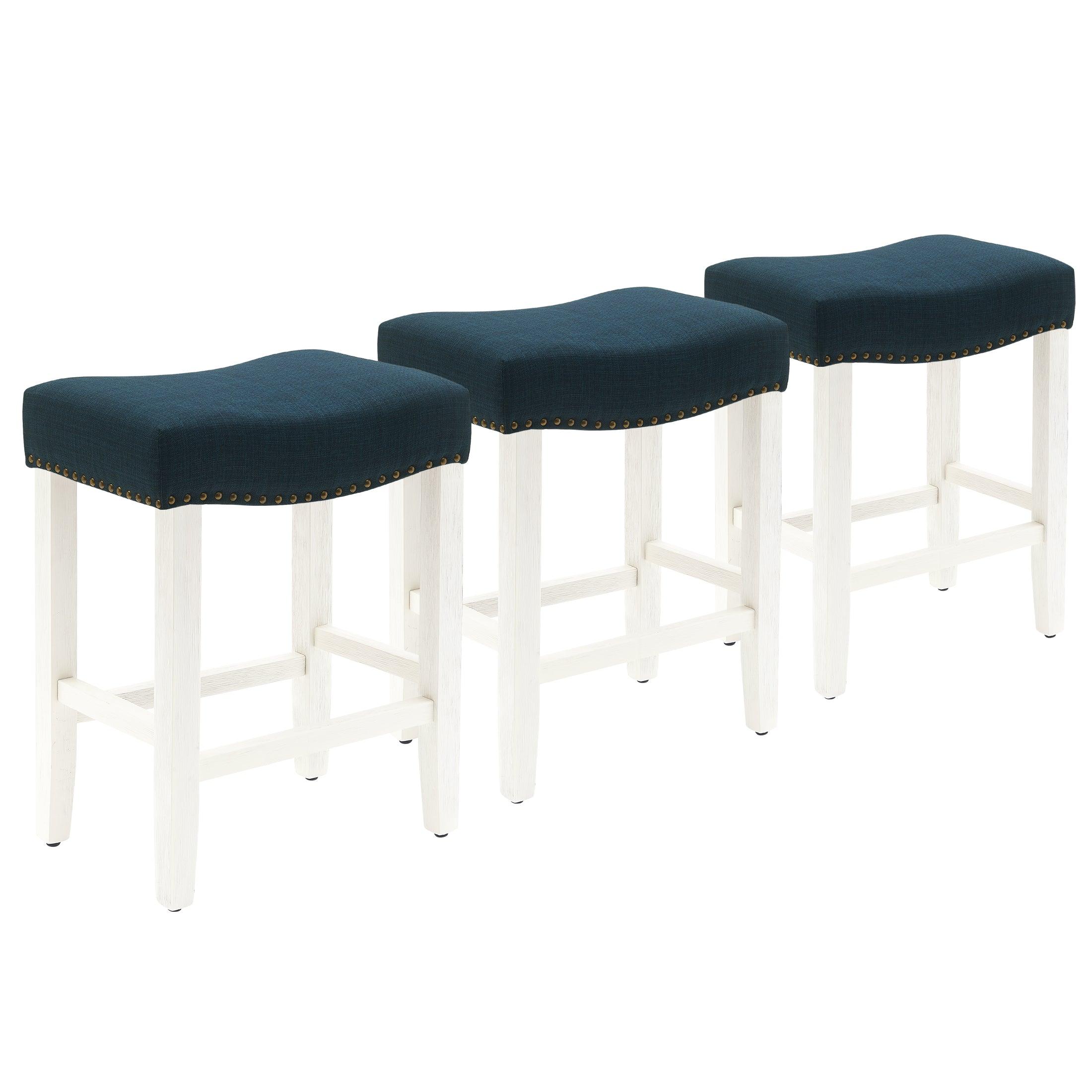 Bulmon 24" Upholstered Antique White Counter Stools With Nail Head Trim (Set of 3) - Costaelm