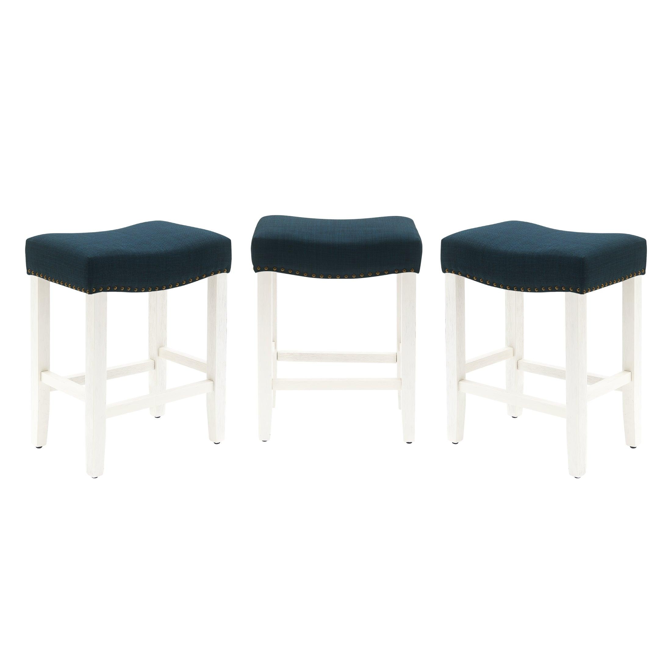 Bulmon 24" Upholstered Antique White Counter Stools With Nail Head Trim (Set of 3) - Costaelm