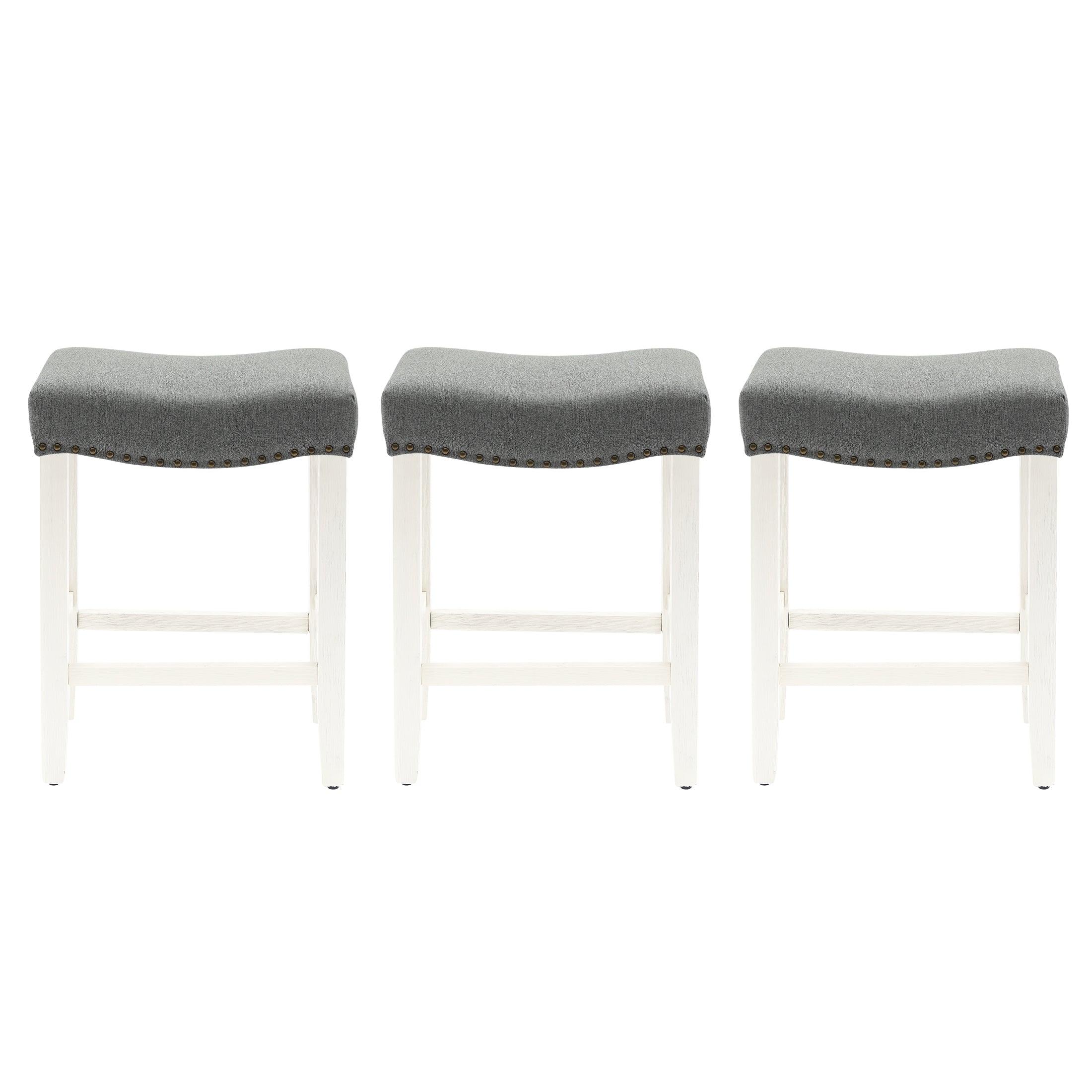 Bulmon 24" Upholstered Antique White Counter Stools With Nail Head Trim (Set of 3) - Costaelm