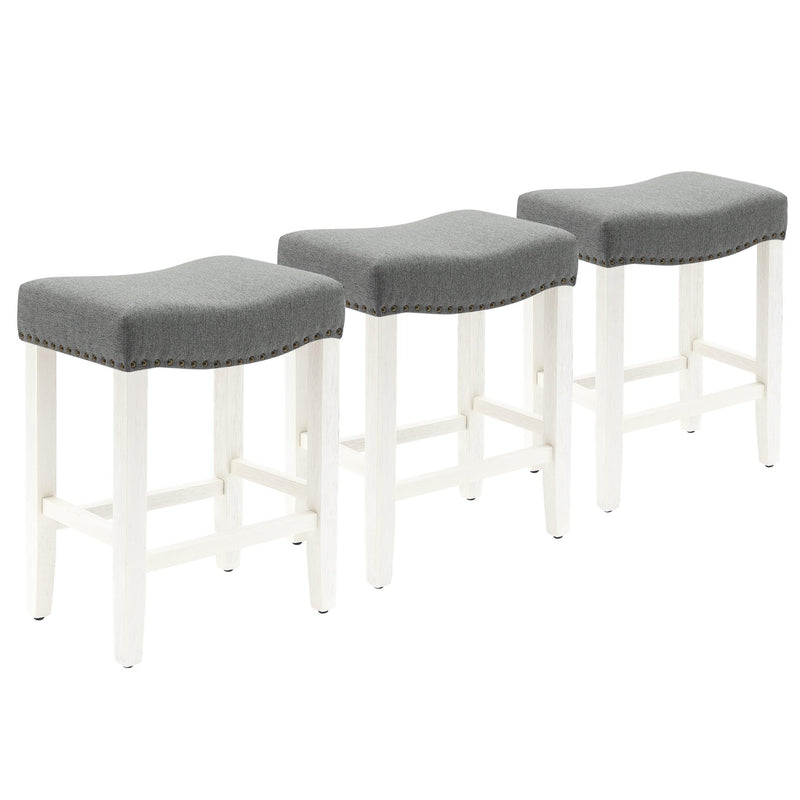 Bulmon 24" Upholstered Antique White Counter Stools With Nail Head Trim (Set of 3) - Costaelm