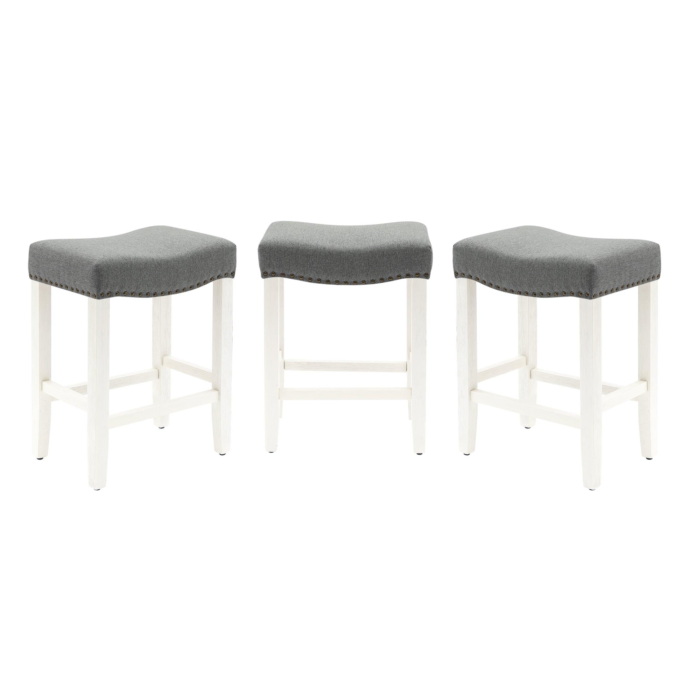 Bulmon 24" Upholstered Antique White Counter Stools With Nail Head Trim (Set of 3) - Costaelm