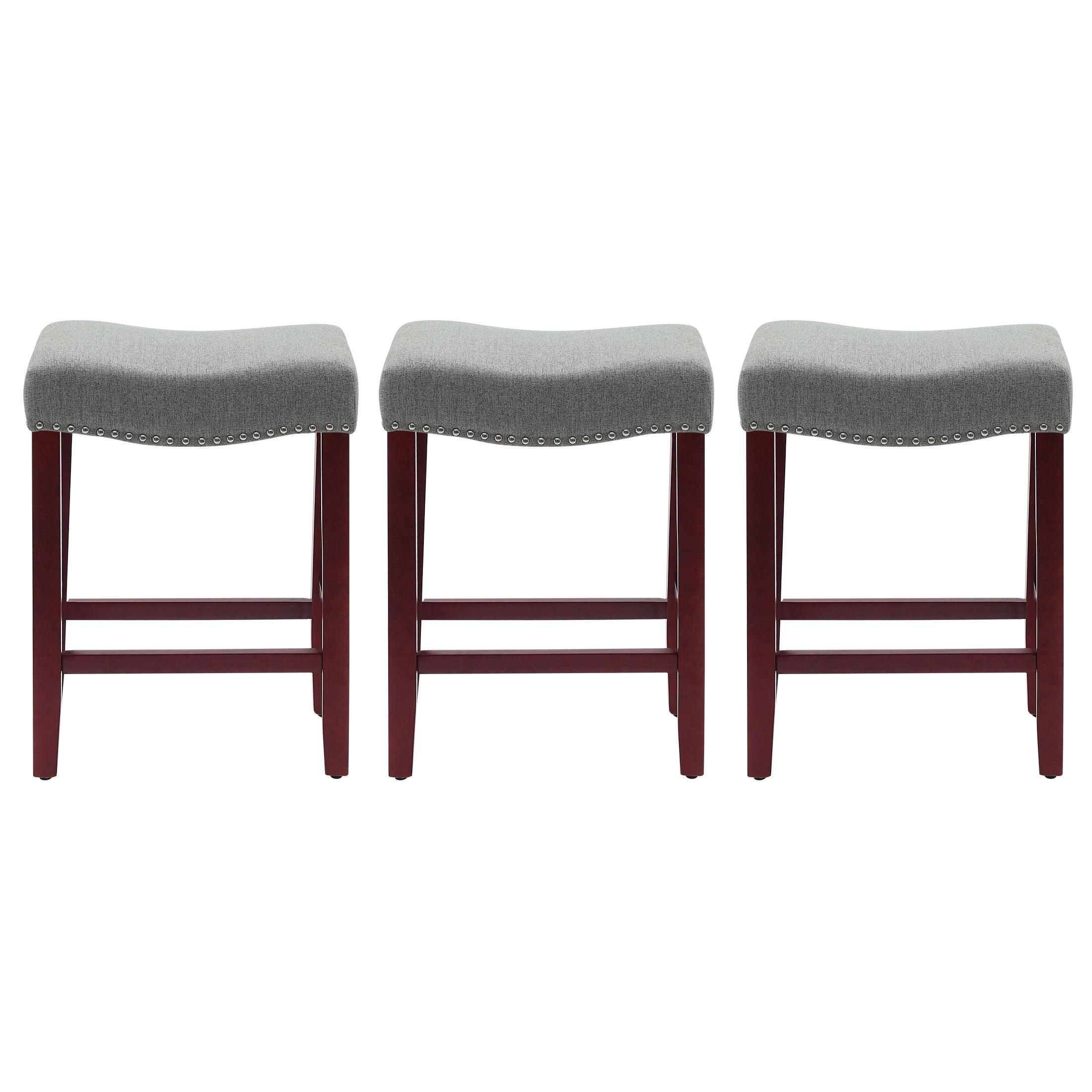 Bulmon 24" Upholstered Cherry Counter Stools With Nail Head Trim (Set of 3) - Costaelm