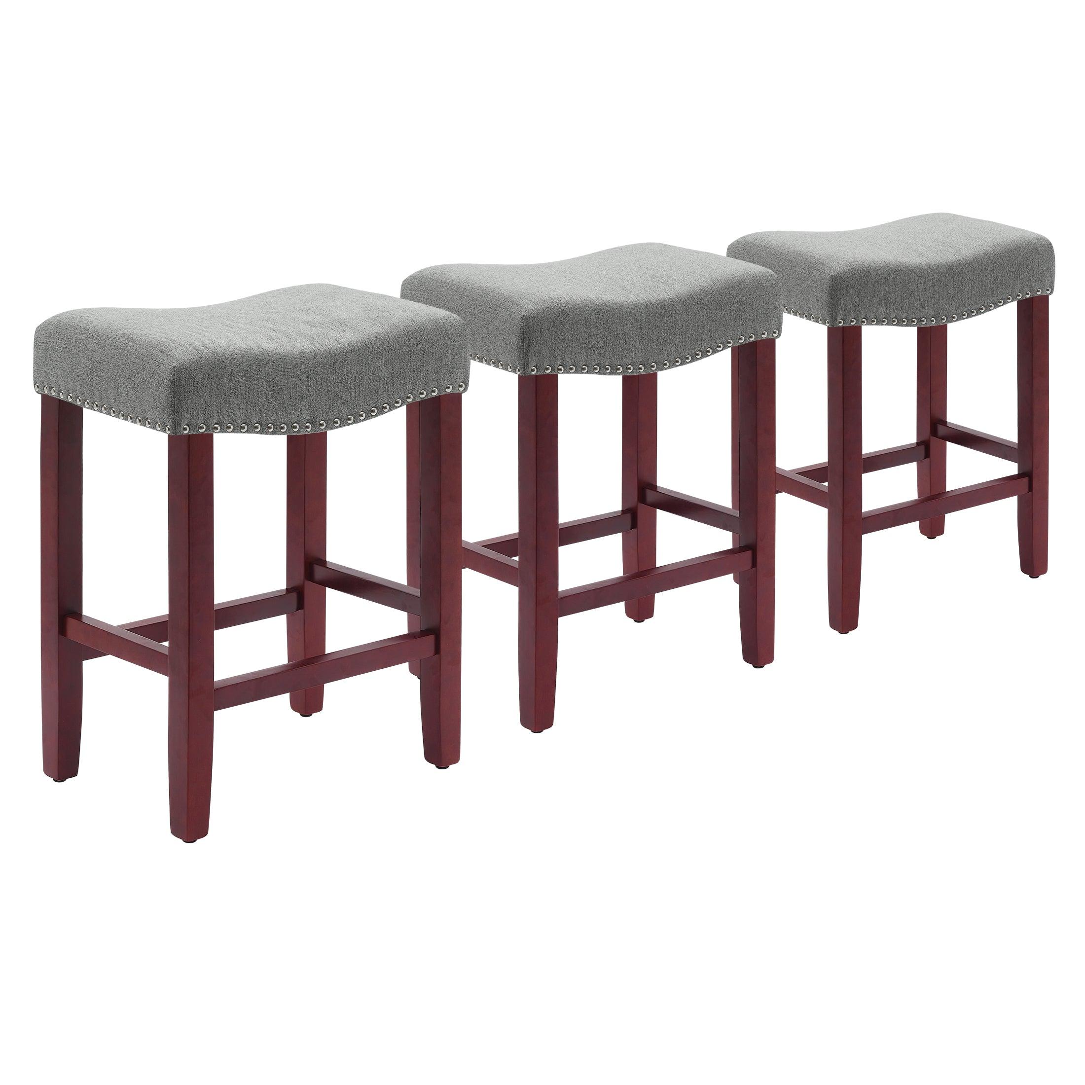 Bulmon 24" Upholstered Cherry Counter Stools With Nail Head Trim (Set of 3) - Costaelm