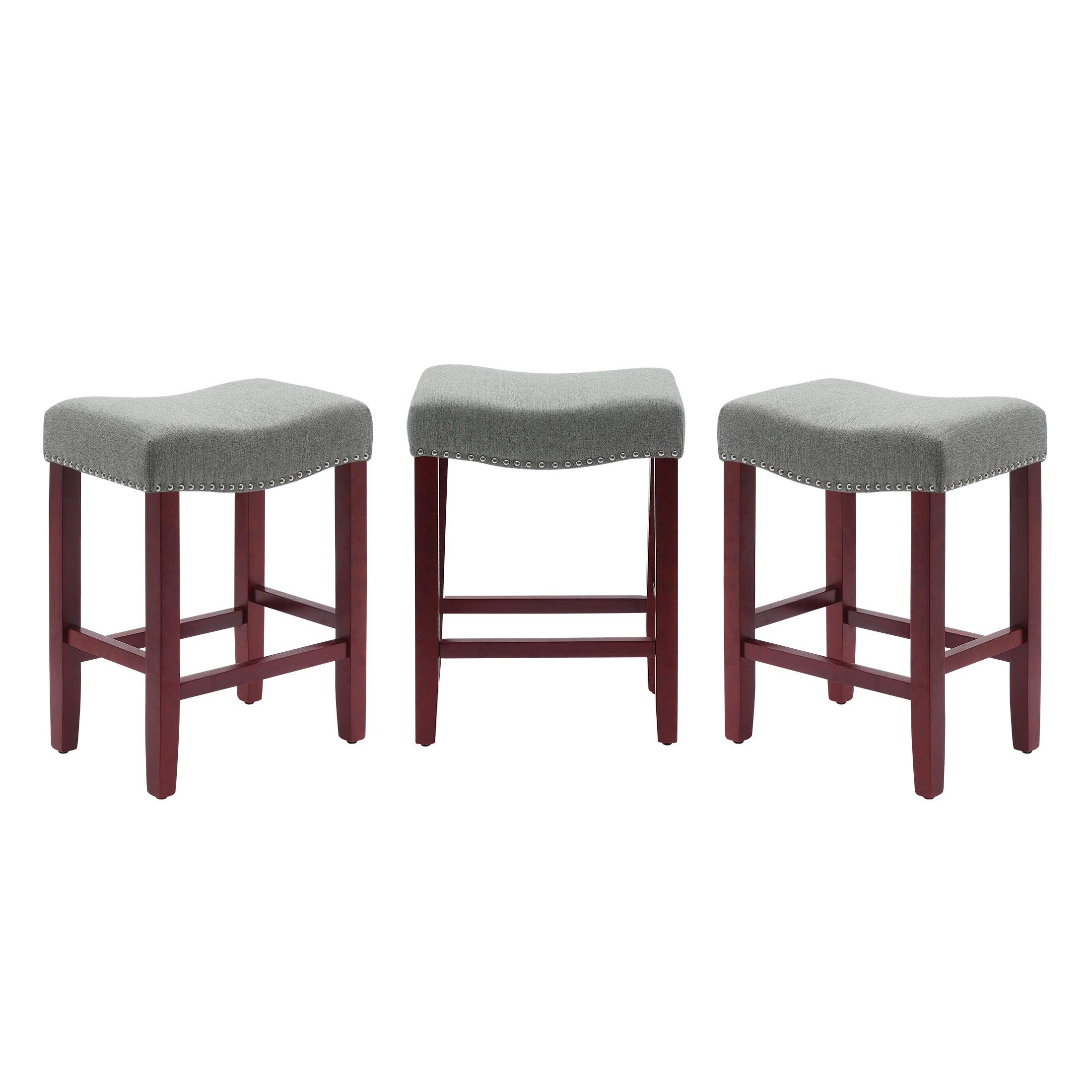 Bulmon 24" Upholstered Cherry Counter Stools With Nail Head Trim (Set of 3) - Costaelm