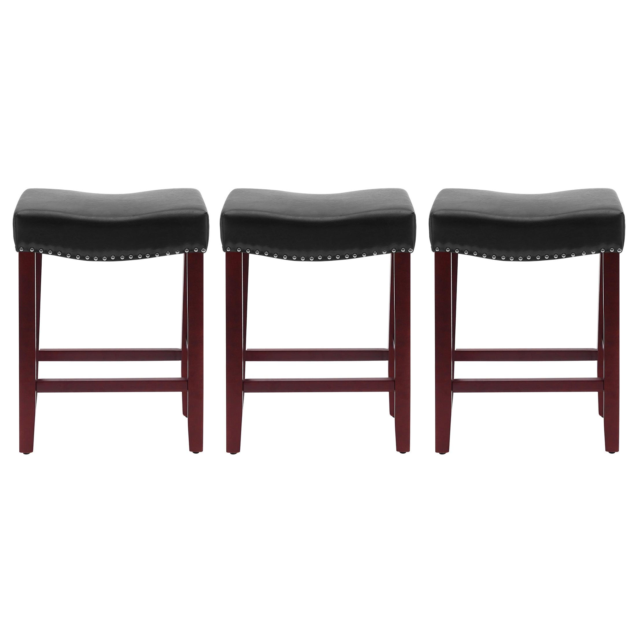 Bulmon 24" Upholstered Cherry Counter Stools With Nail Head Trim (Set of 3) - Costaelm