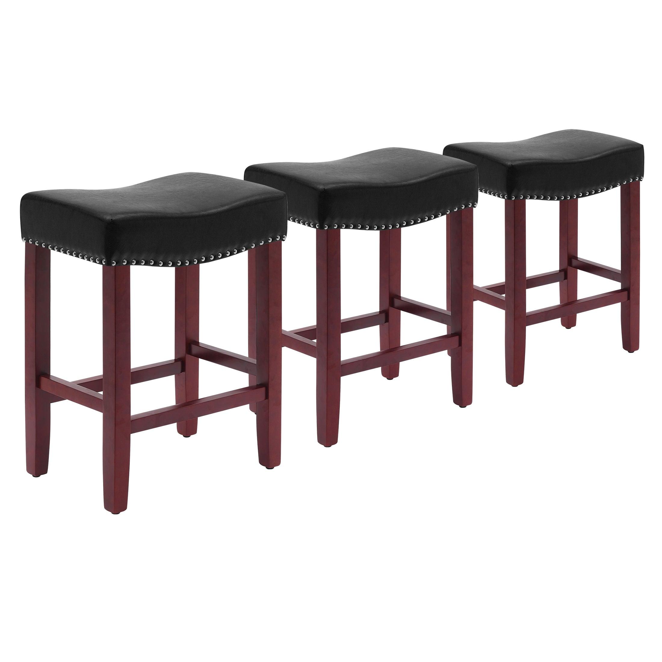 Bulmon 24" Upholstered Cherry Counter Stools With Nail Head Trim (Set of 3) - Costaelm