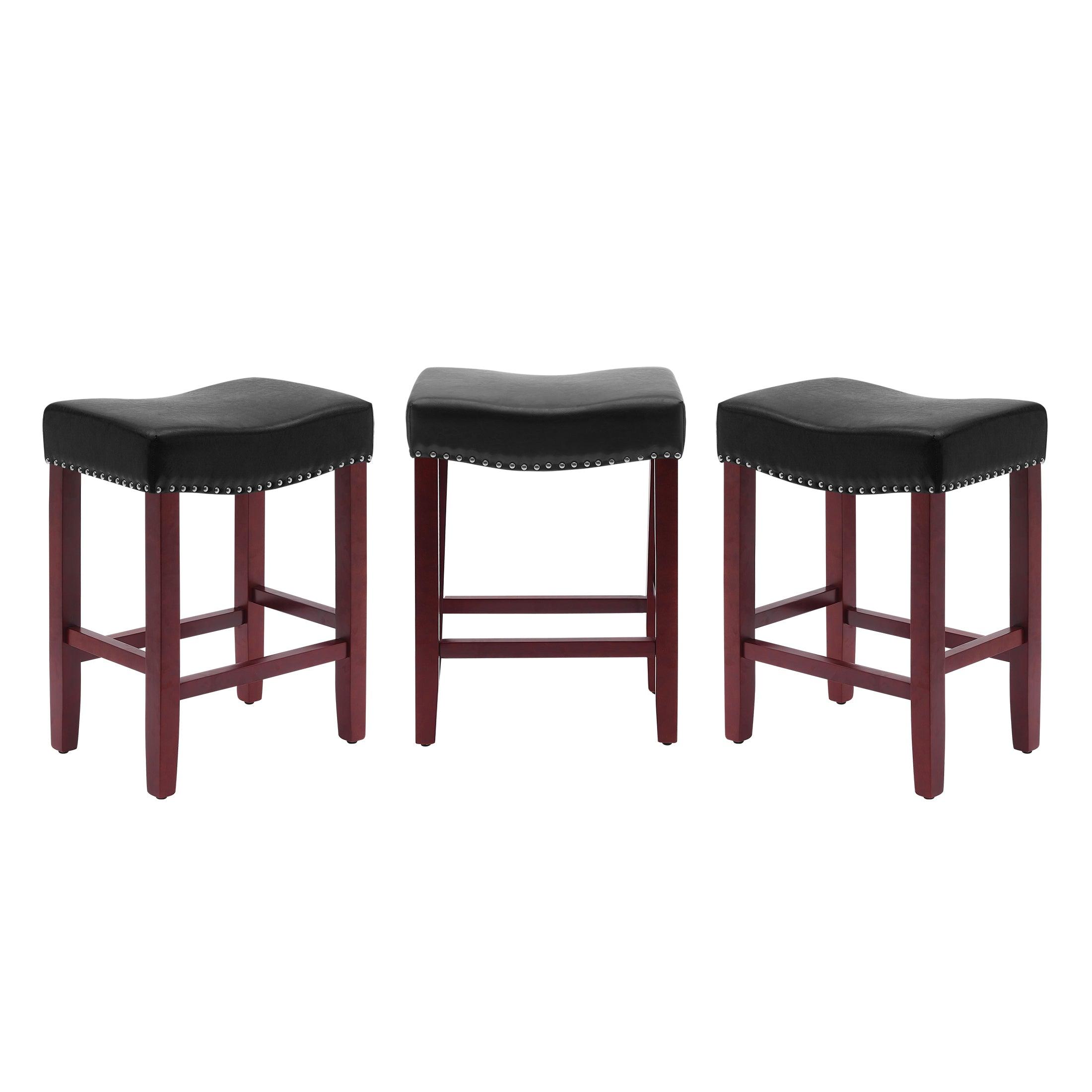 Bulmon 24" Upholstered Cherry Counter Stools With Nail Head Trim (Set of 3) - Costaelm