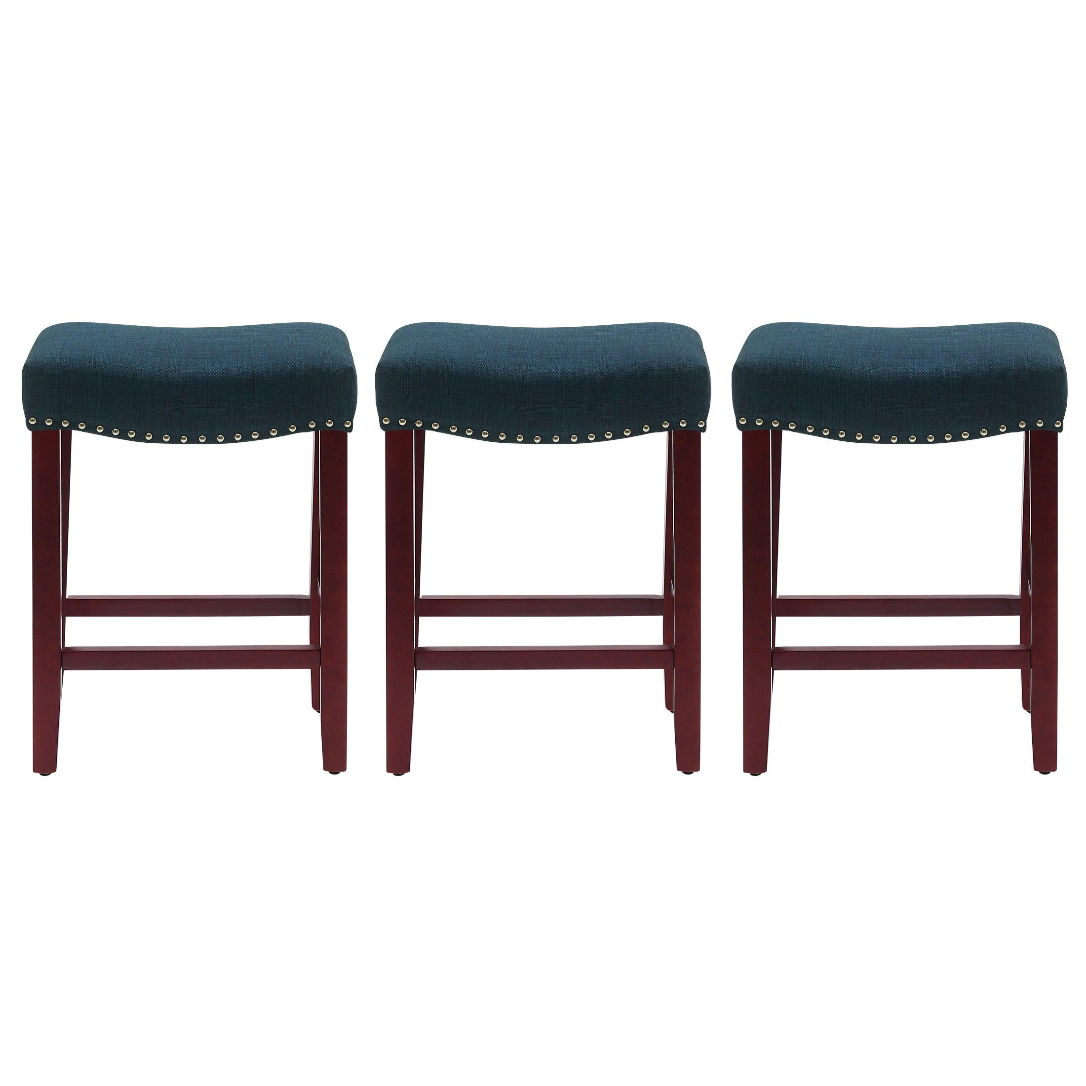 Bulmon 24" Upholstered Cherry Counter Stools With Nail Head Trim (Set of 3) - Costaelm