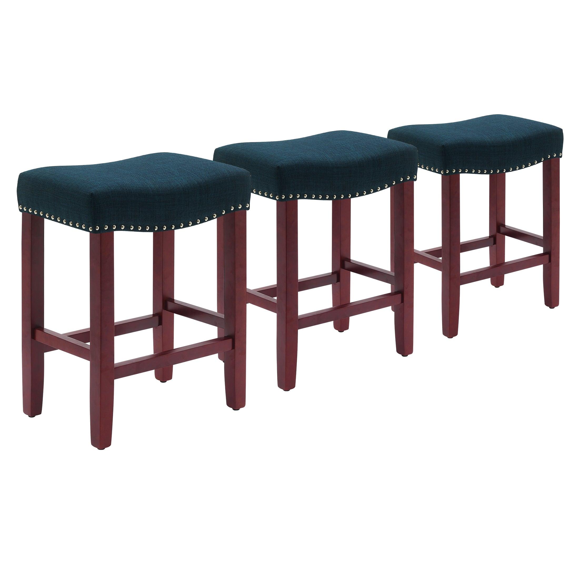 Bulmon 24" Upholstered Cherry Counter Stools With Nail Head Trim (Set of 3) - Costaelm