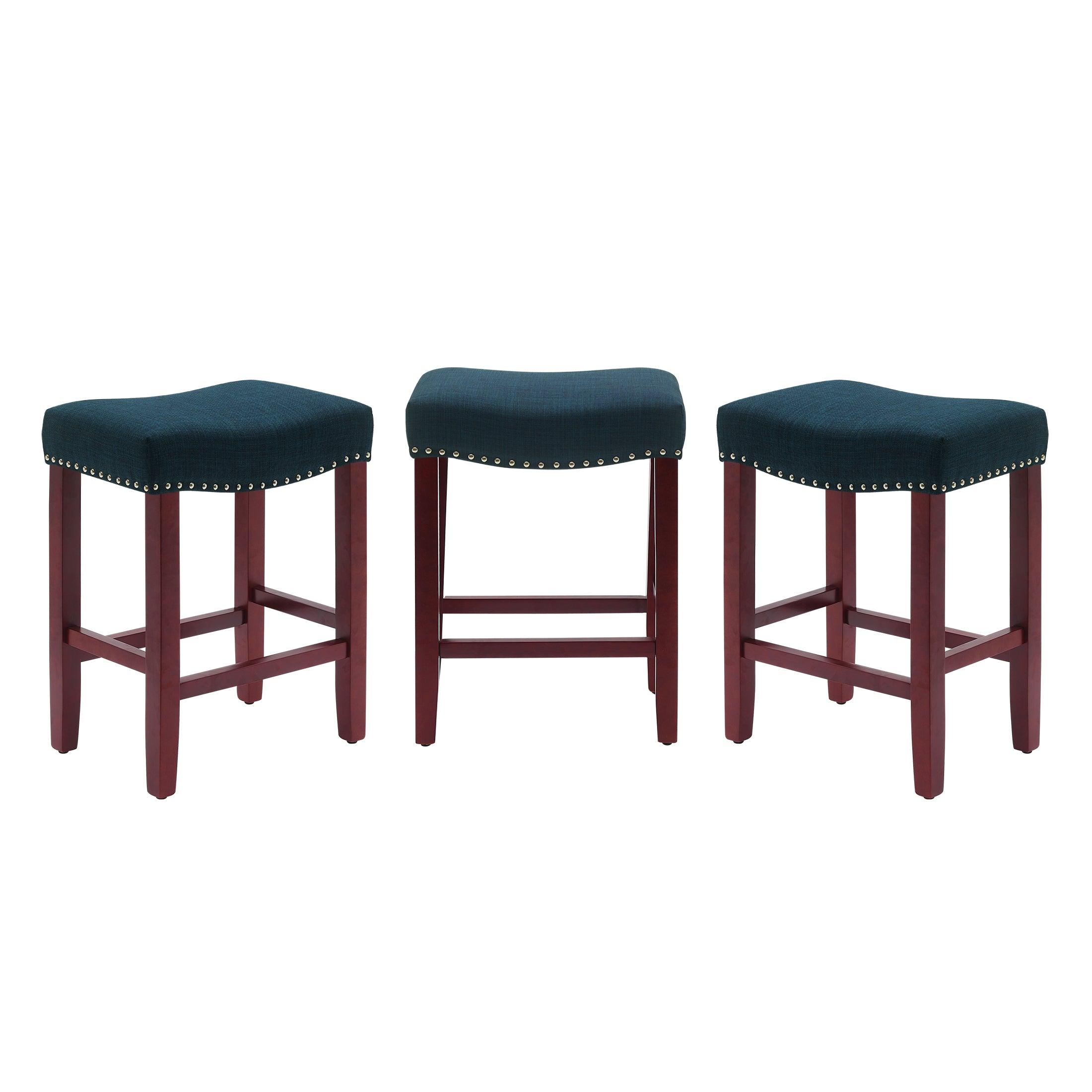 Bulmon 24" Upholstered Cherry Counter Stools With Nail Head Trim (Set of 3) - Costaelm