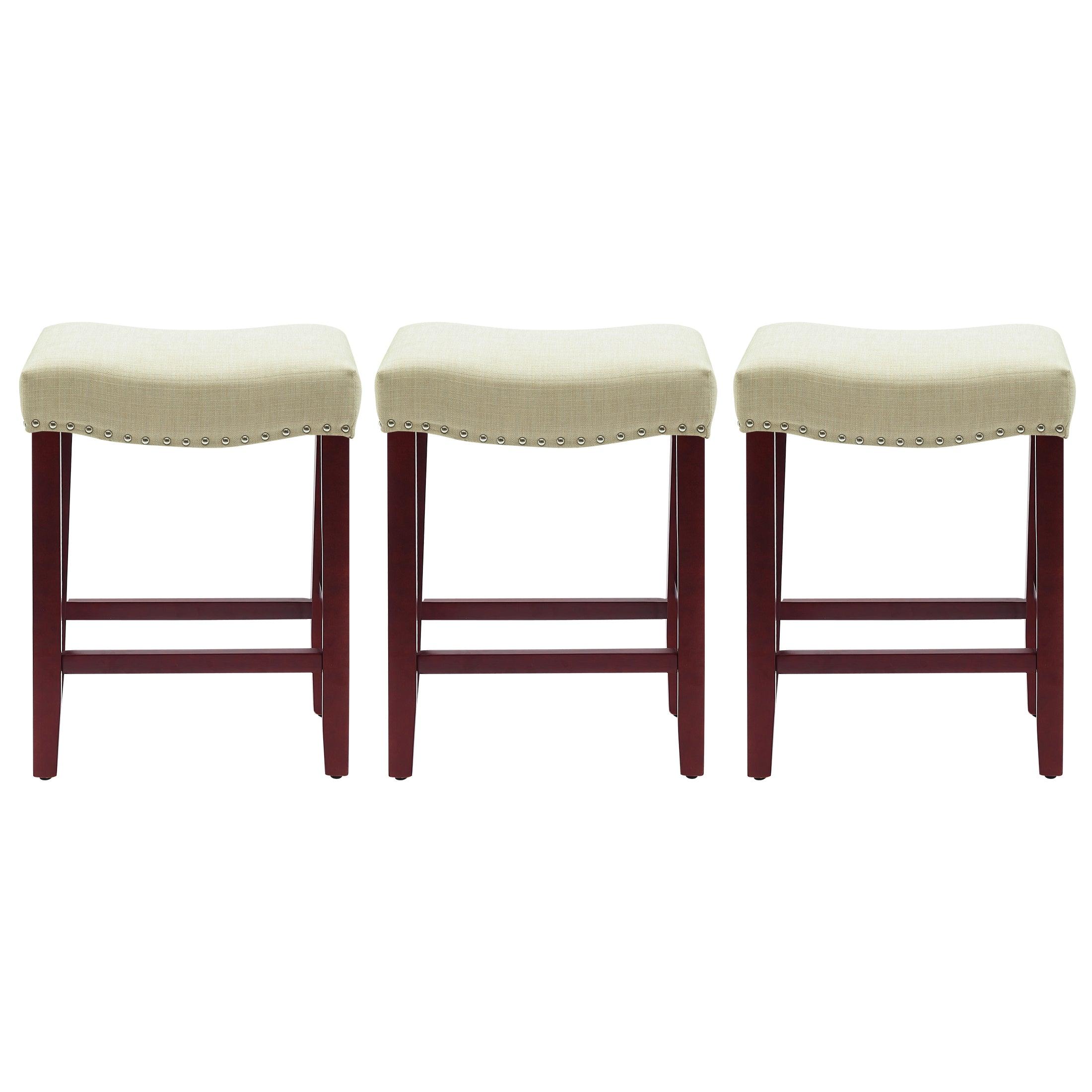 Bulmon 24" Upholstered Cherry Counter Stools With Nail Head Trim (Set of 3) - Costaelm