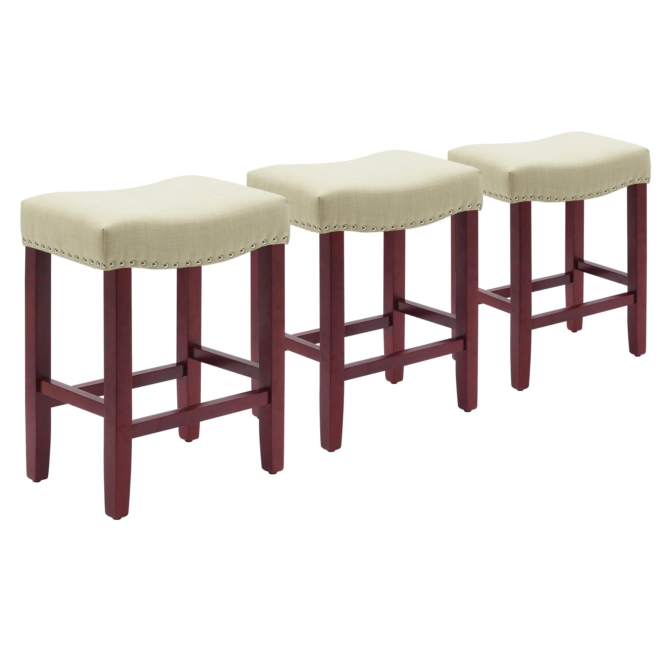 Bulmon 24" Upholstered Cherry Counter Stools With Nail Head Trim (Set of 3) - Costaelm