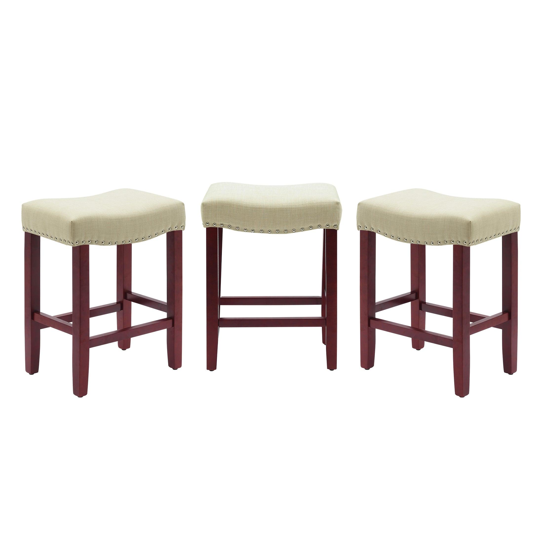 Bulmon 24" Upholstered Cherry Counter Stools With Nail Head Trim (Set of 3) - Costaelm