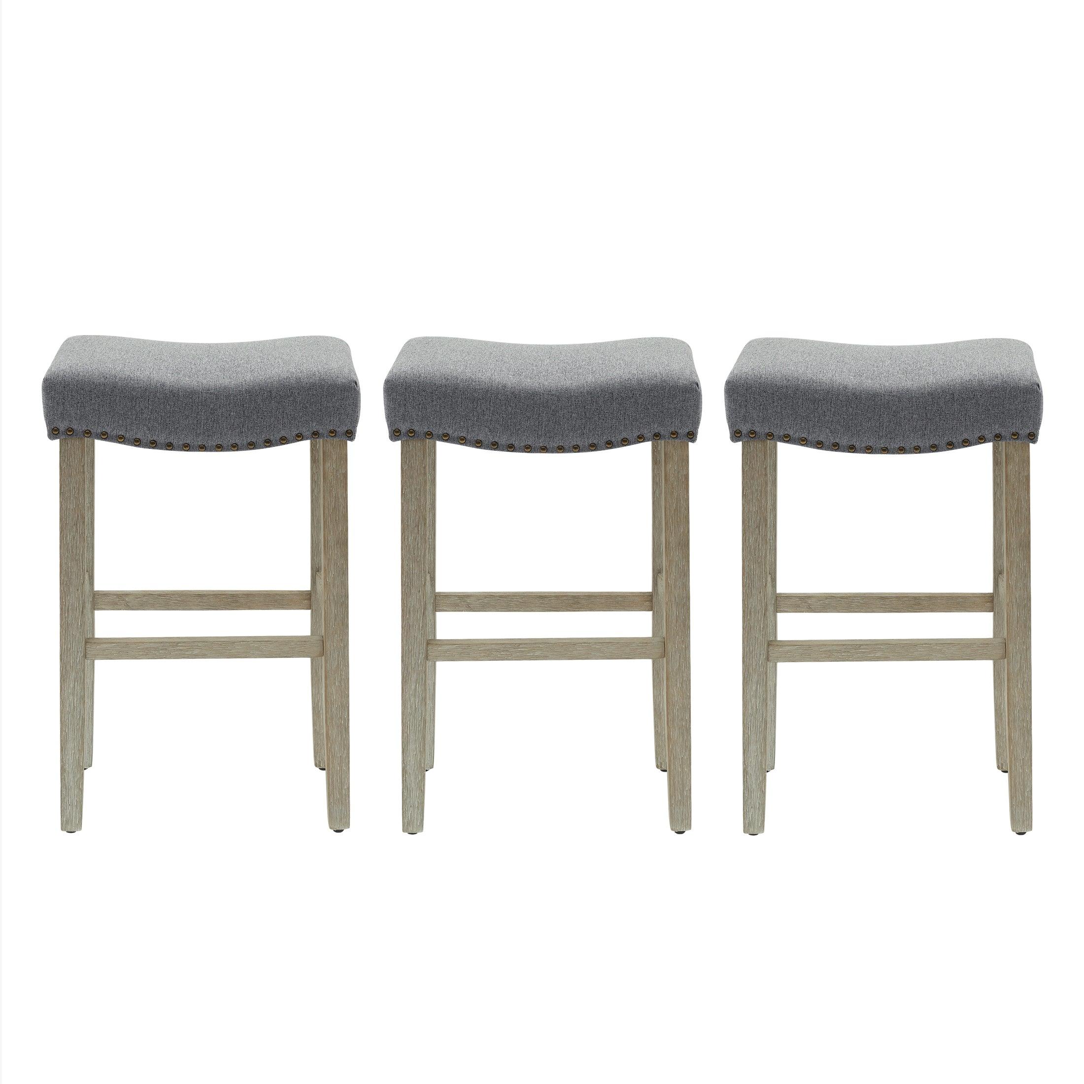 Bulmon 29" Upholstered Antique Gray Bar Stools With Nail Head Trim (Set of 3) - Costaelm