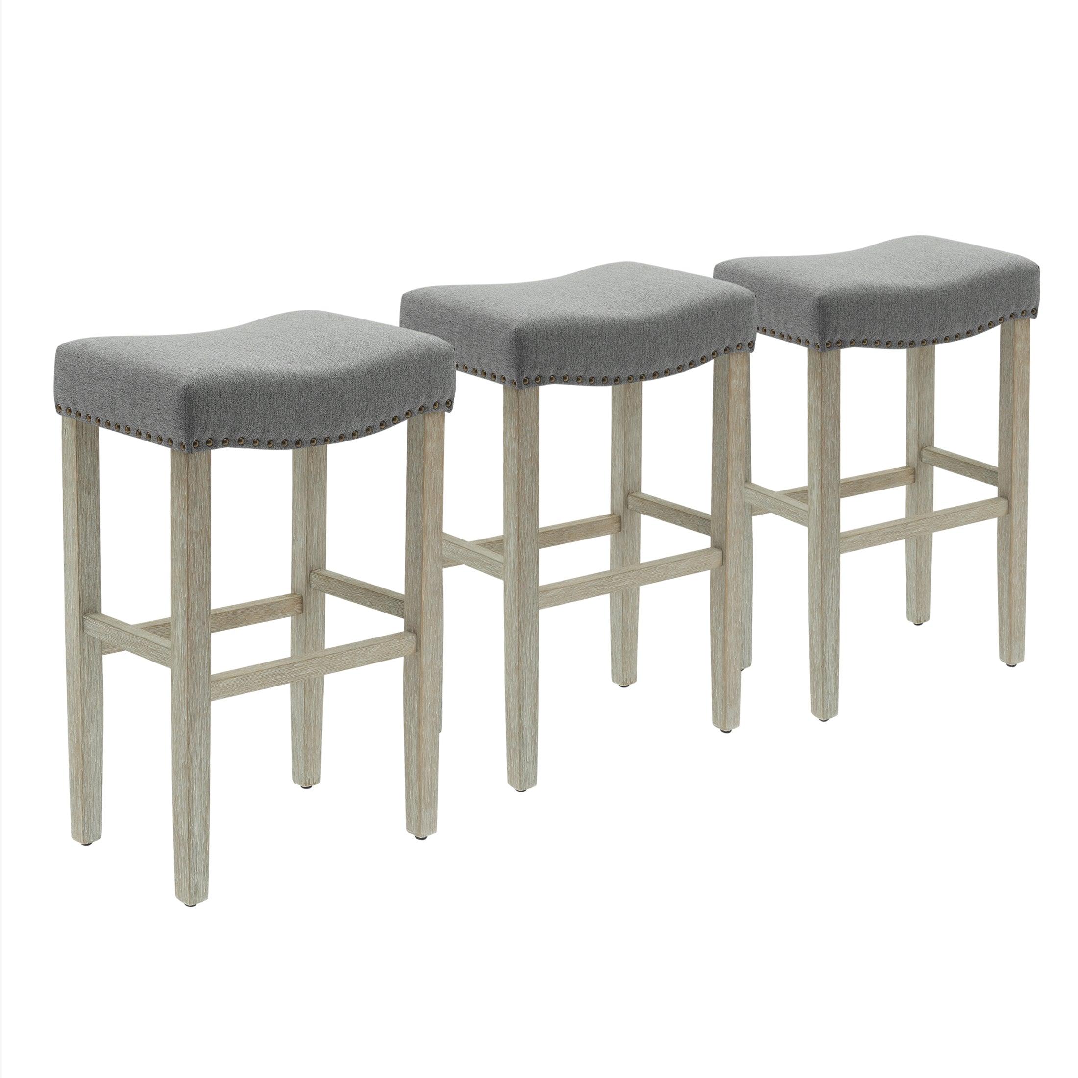 Bulmon 29" Upholstered Antique Gray Bar Stools With Nail Head Trim (Set of 3) - Costaelm