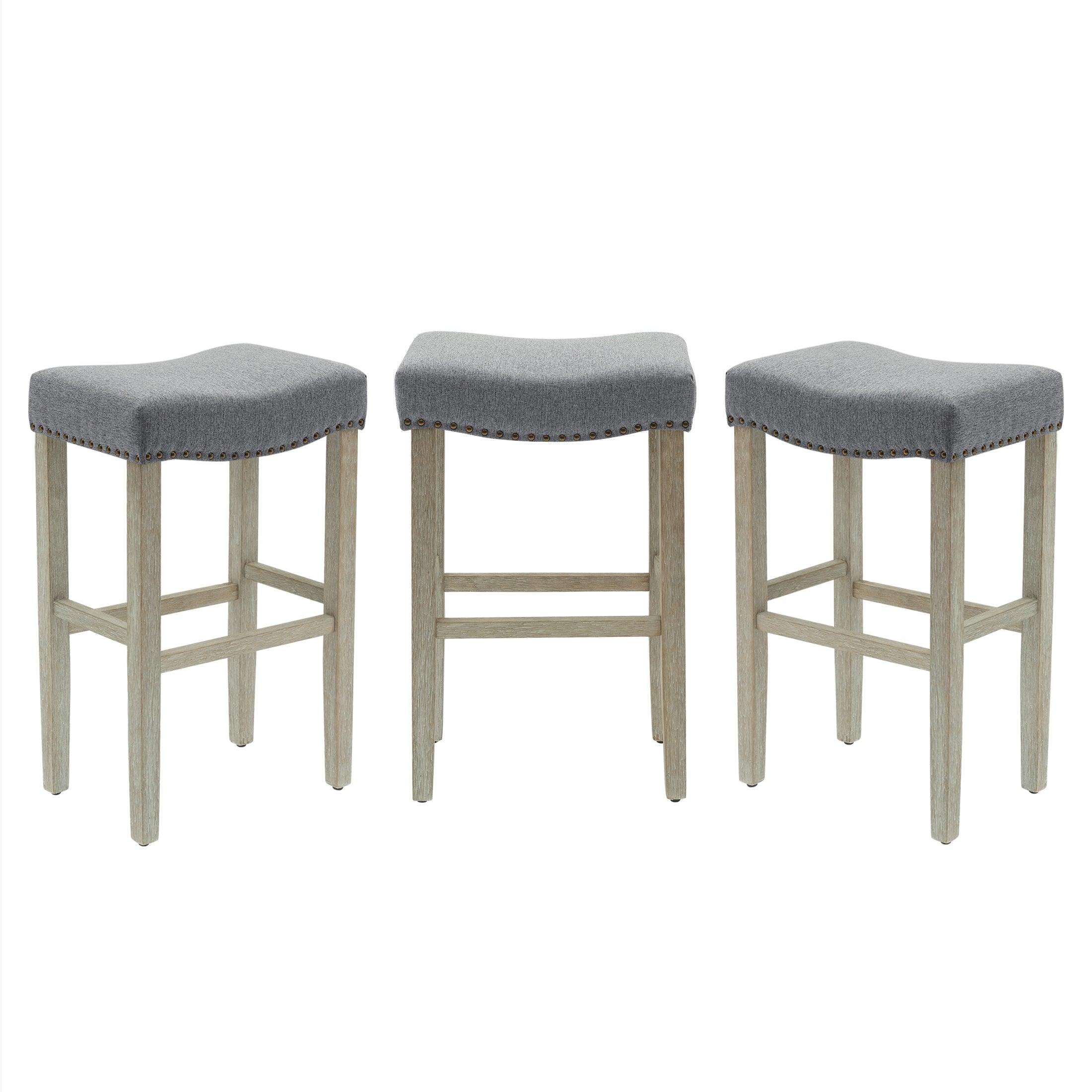 Bulmon 29" Upholstered Antique Gray Bar Stools With Nail Head Trim (Set of 3) - Costaelm