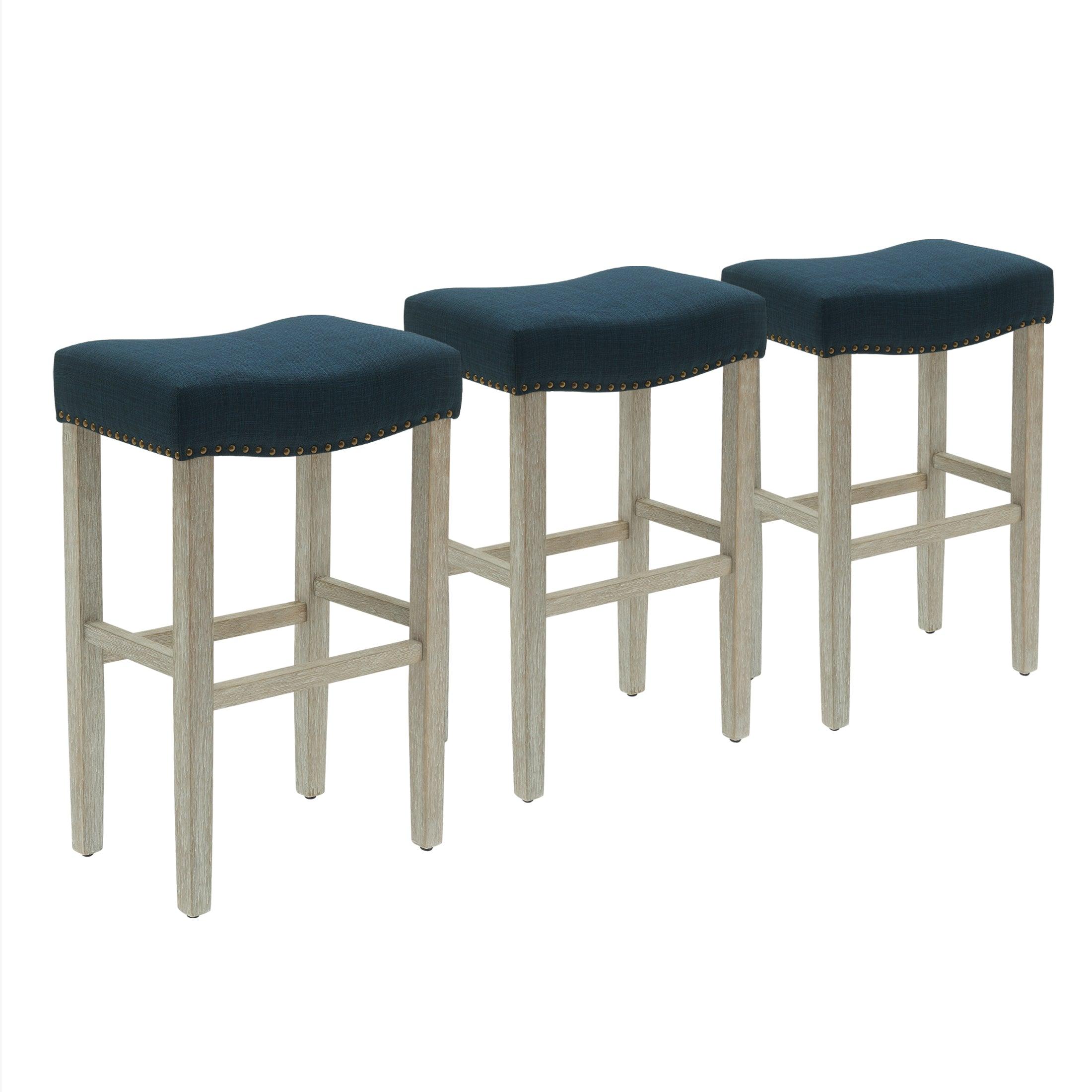 Bulmon 29" Upholstered Antique Gray Bar Stools With Nail Head Trim (Set of 3) - Costaelm