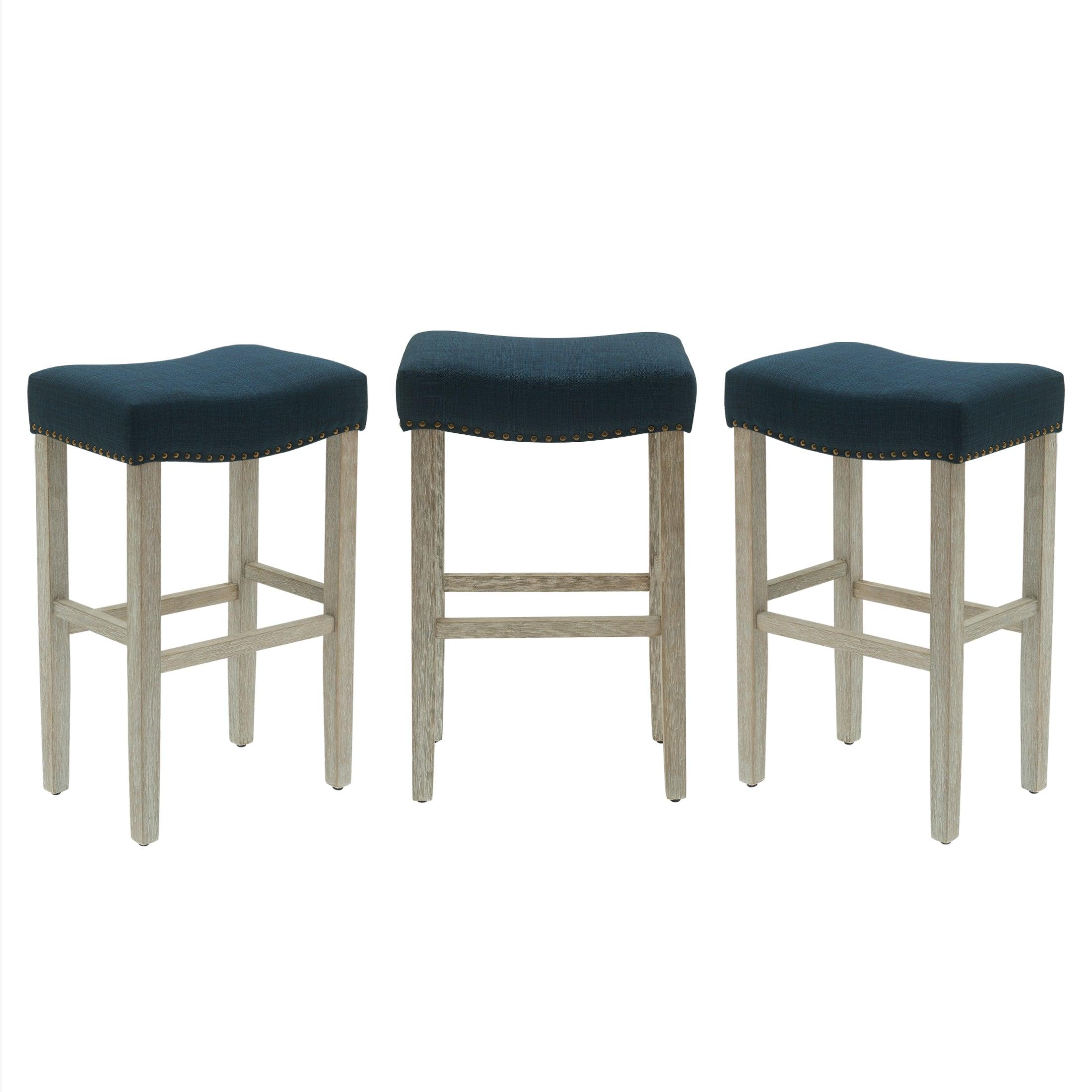 Bulmon 29" Upholstered Antique Gray Bar Stools With Nail Head Trim (Set of 3) - Costaelm