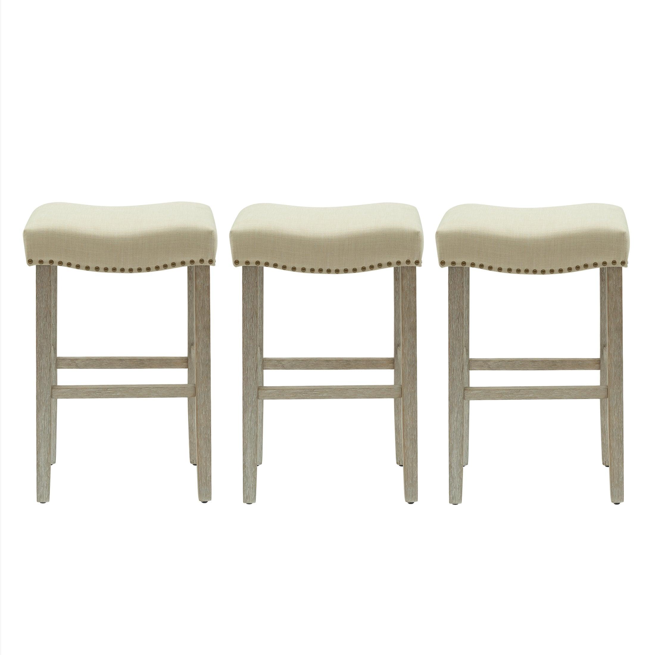 Bulmon 29" Upholstered Antique Gray Bar Stools With Nail Head Trim (Set of 3) - Costaelm