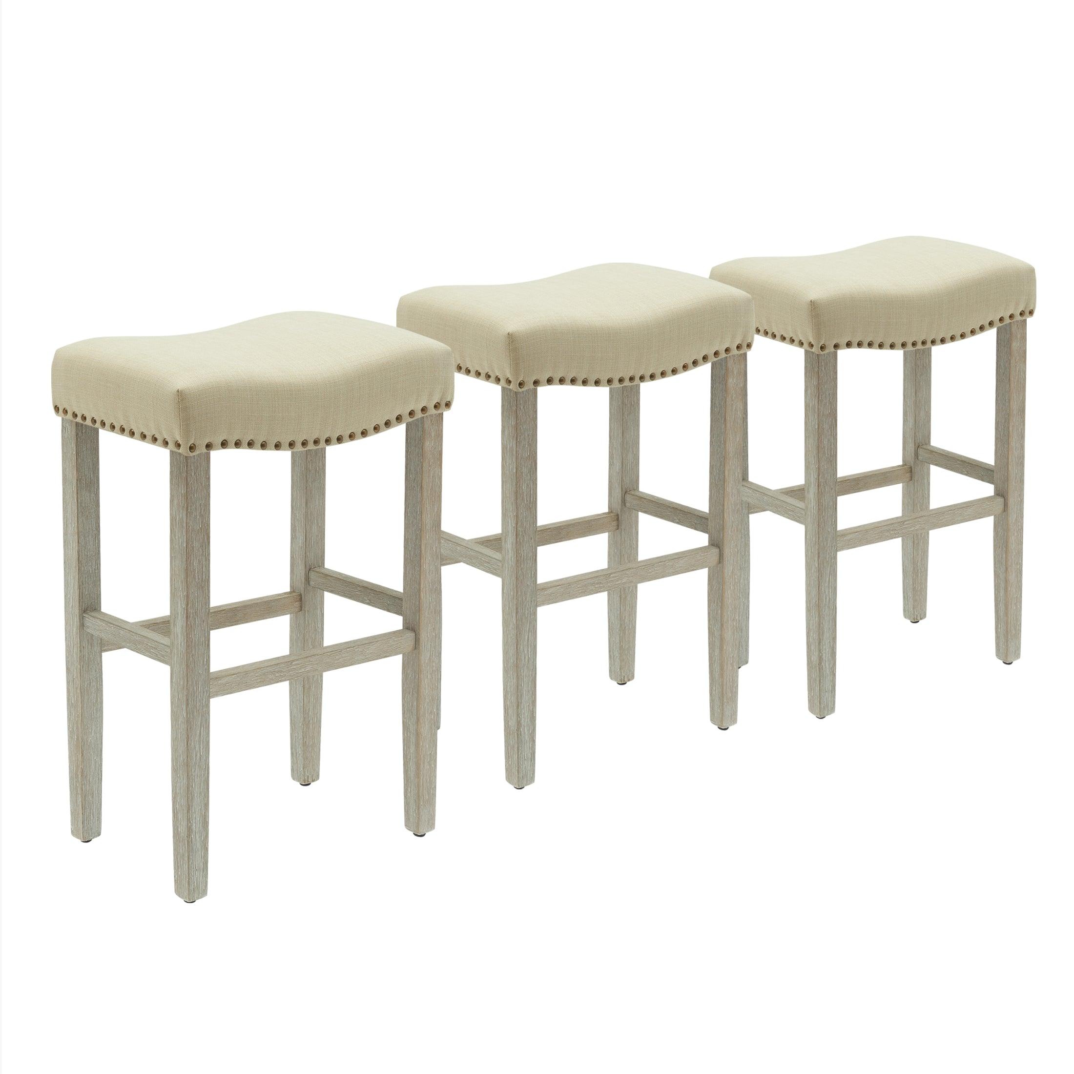 Bulmon 29" Upholstered Antique Gray Bar Stools With Nail Head Trim (Set of 3) - Costaelm