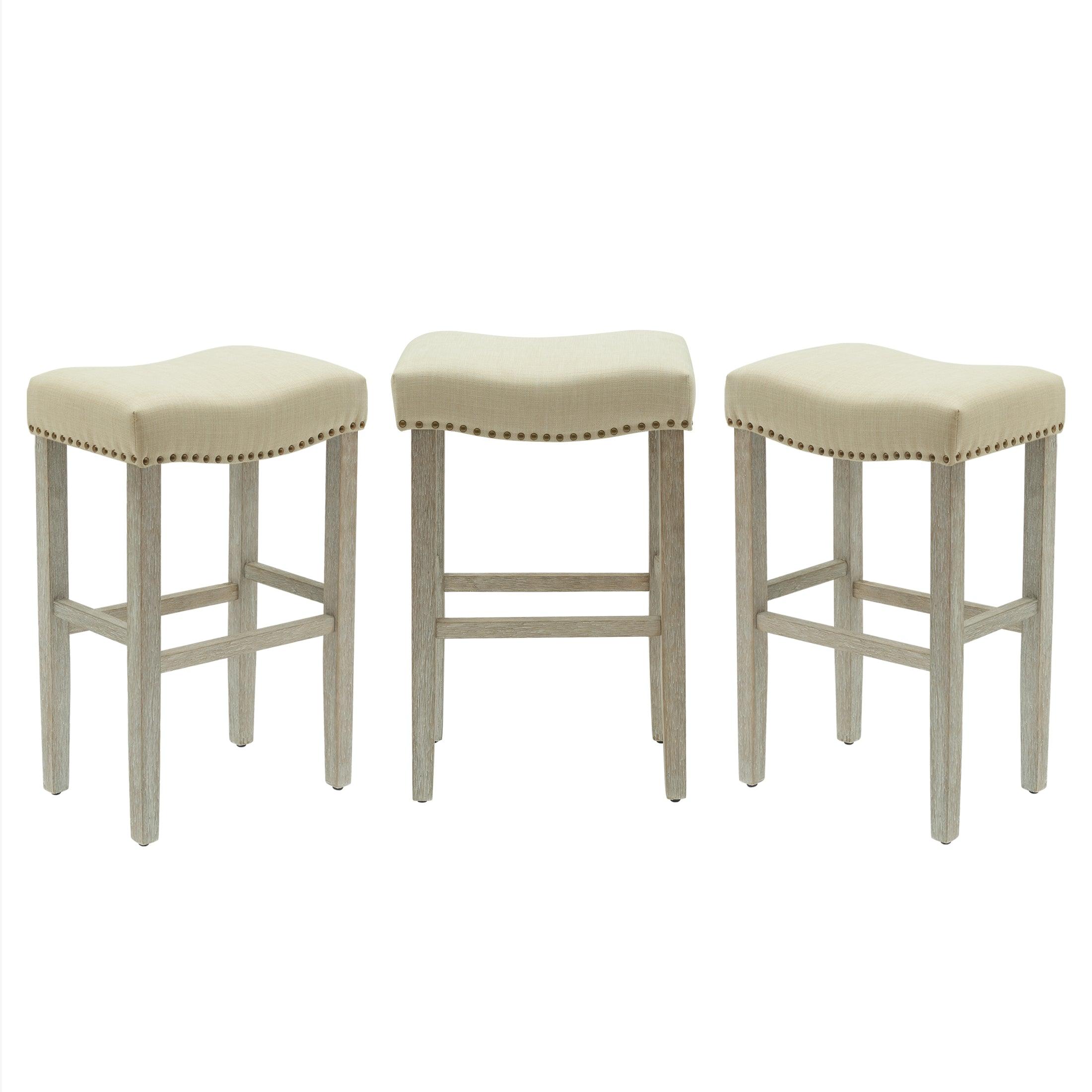 Bulmon 29" Upholstered Antique Gray Bar Stools With Nail Head Trim (Set of 3) - Costaelm