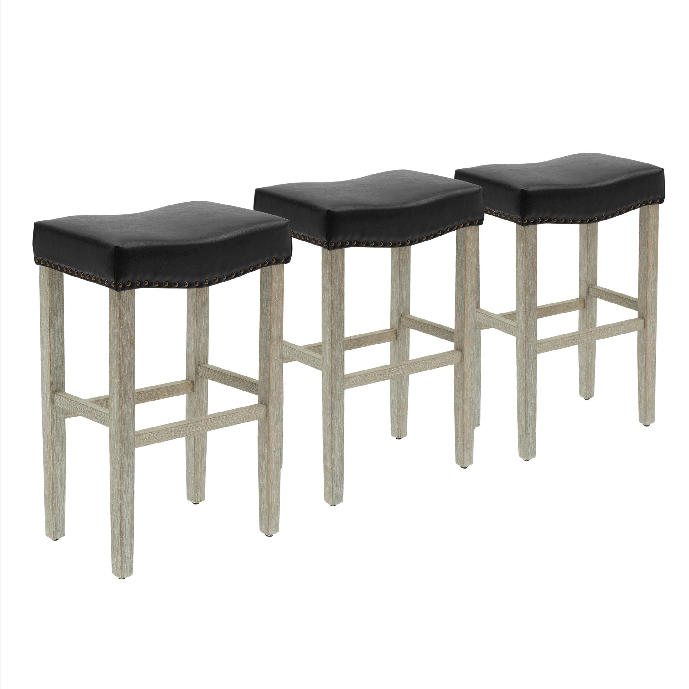 Bulmon 29" Upholstered Antique Gray Bar Stools With Nail Head Trim (Set of 3) - Costaelm